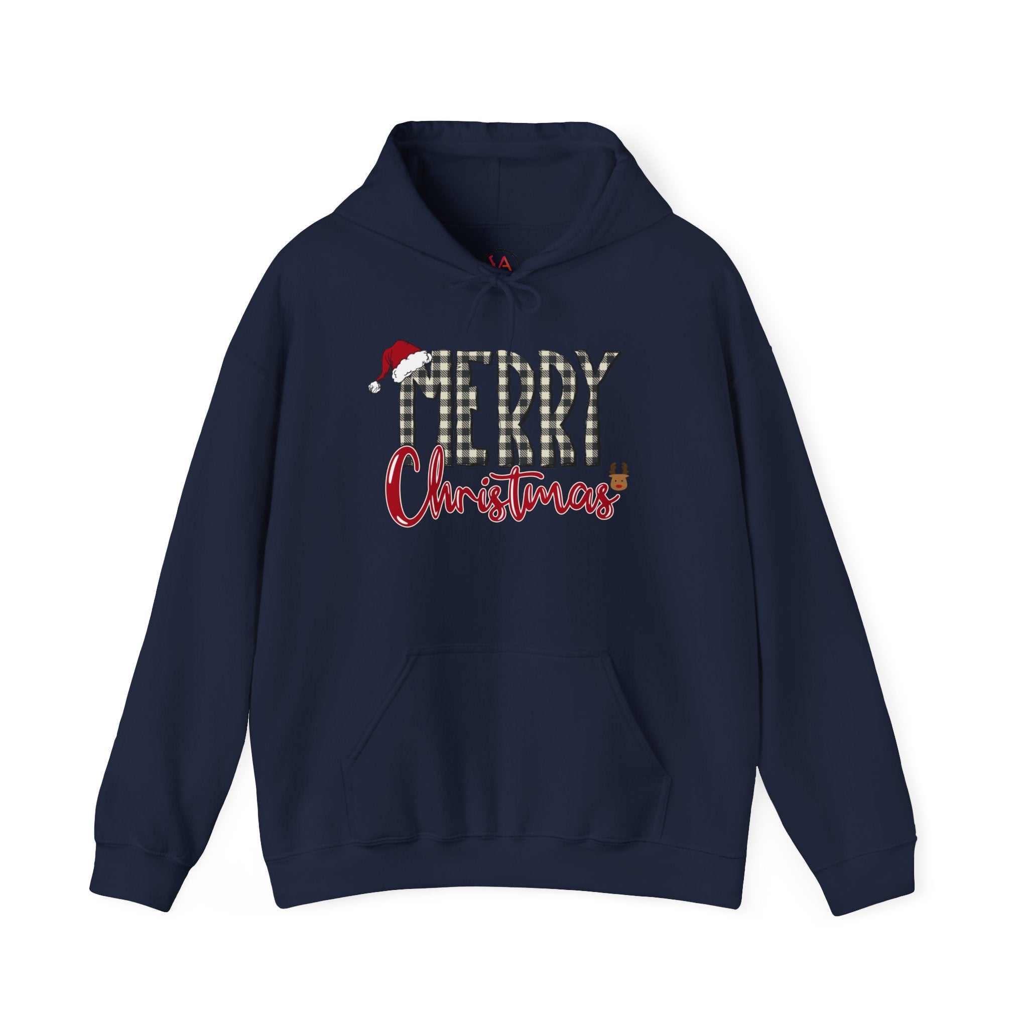 Christmas Hoodie — "Merry Christmas" Buffalo Plaid Santa Hat Holiday Sweatshirt