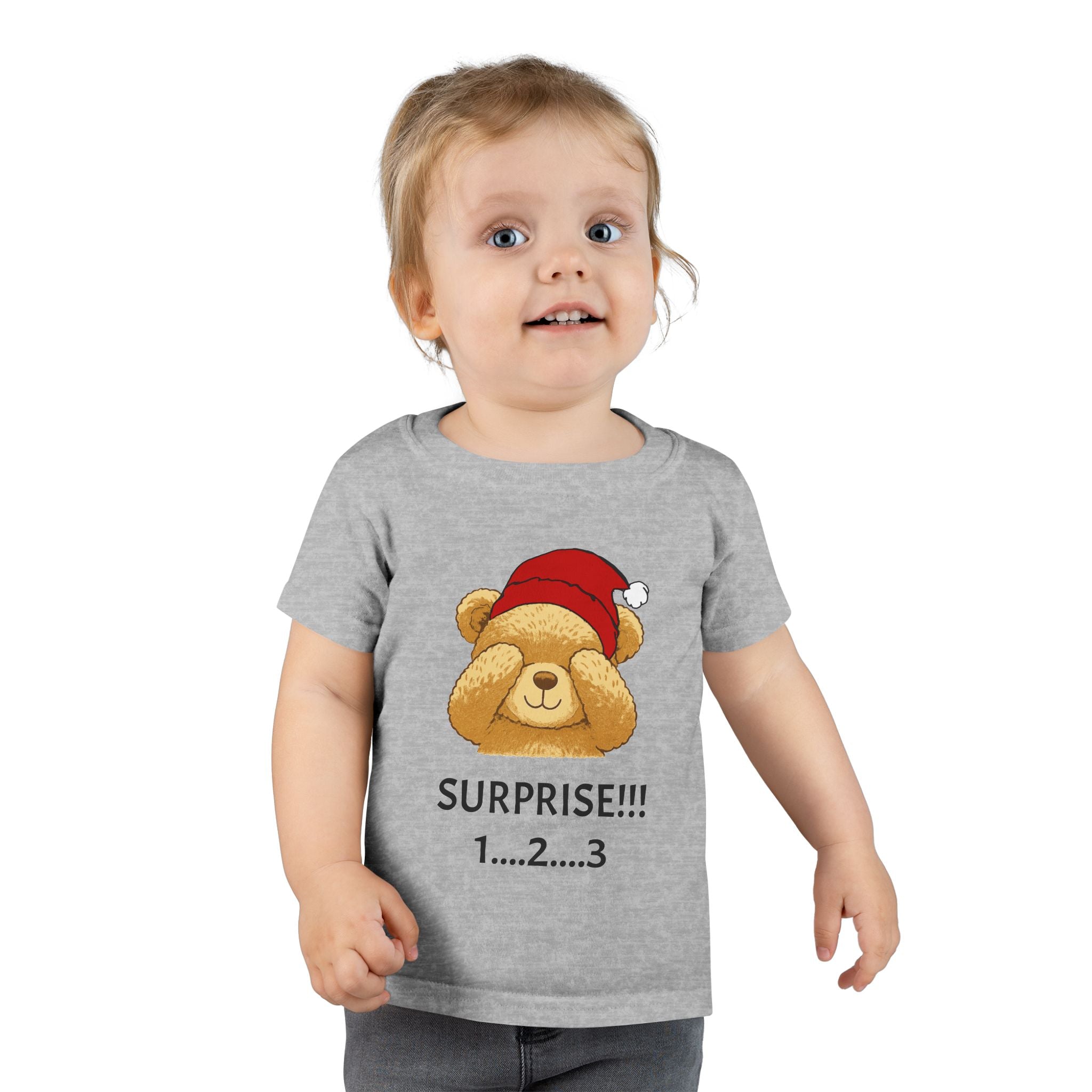 Toddler T-Shirt - Cute Surprise Bear with Santa Hat "SURPRISE!!! 1...2...3" Christmas Holiday Tee