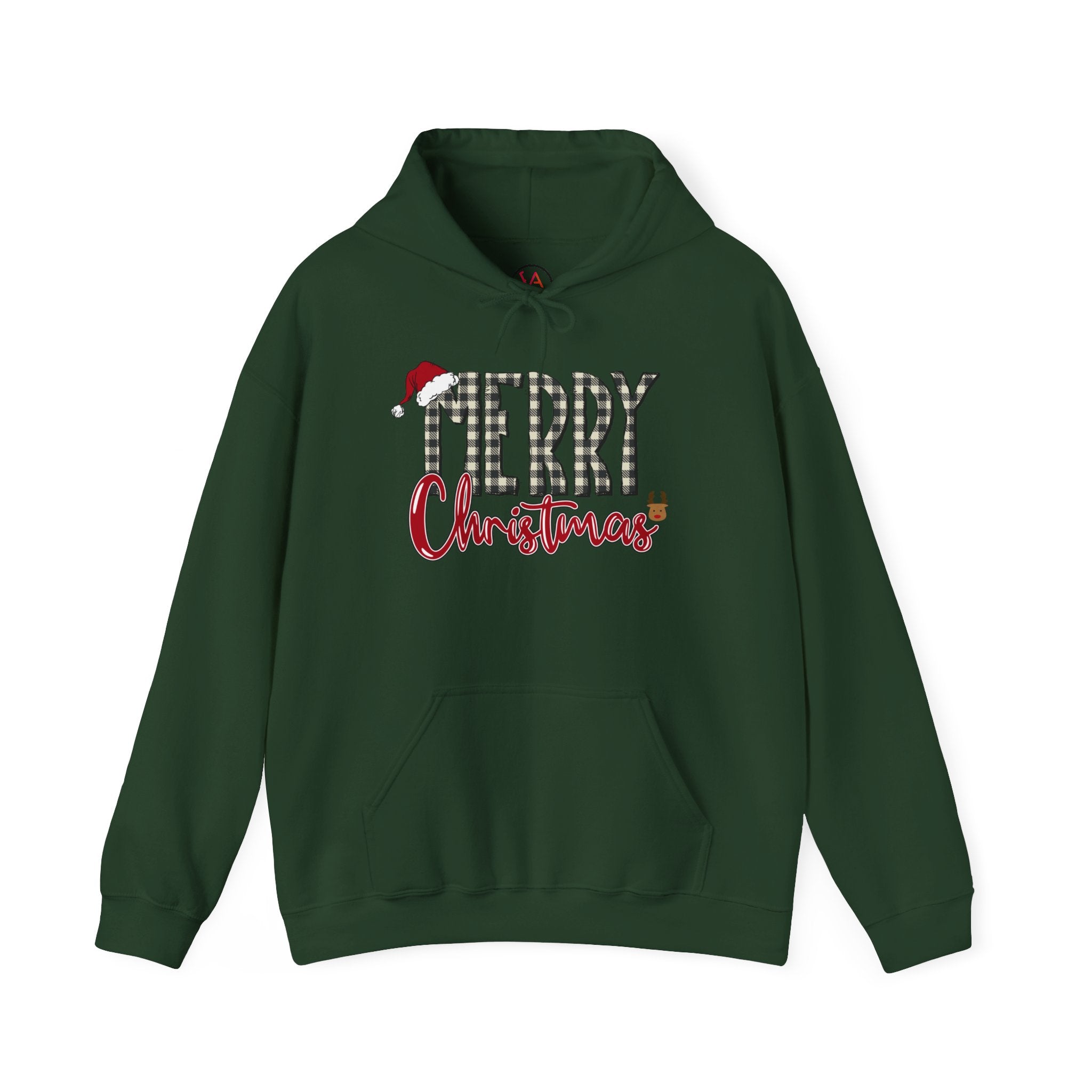 Christmas Hoodie — "Merry Christmas" Buffalo Plaid Santa Hat Holiday Sweatshirt