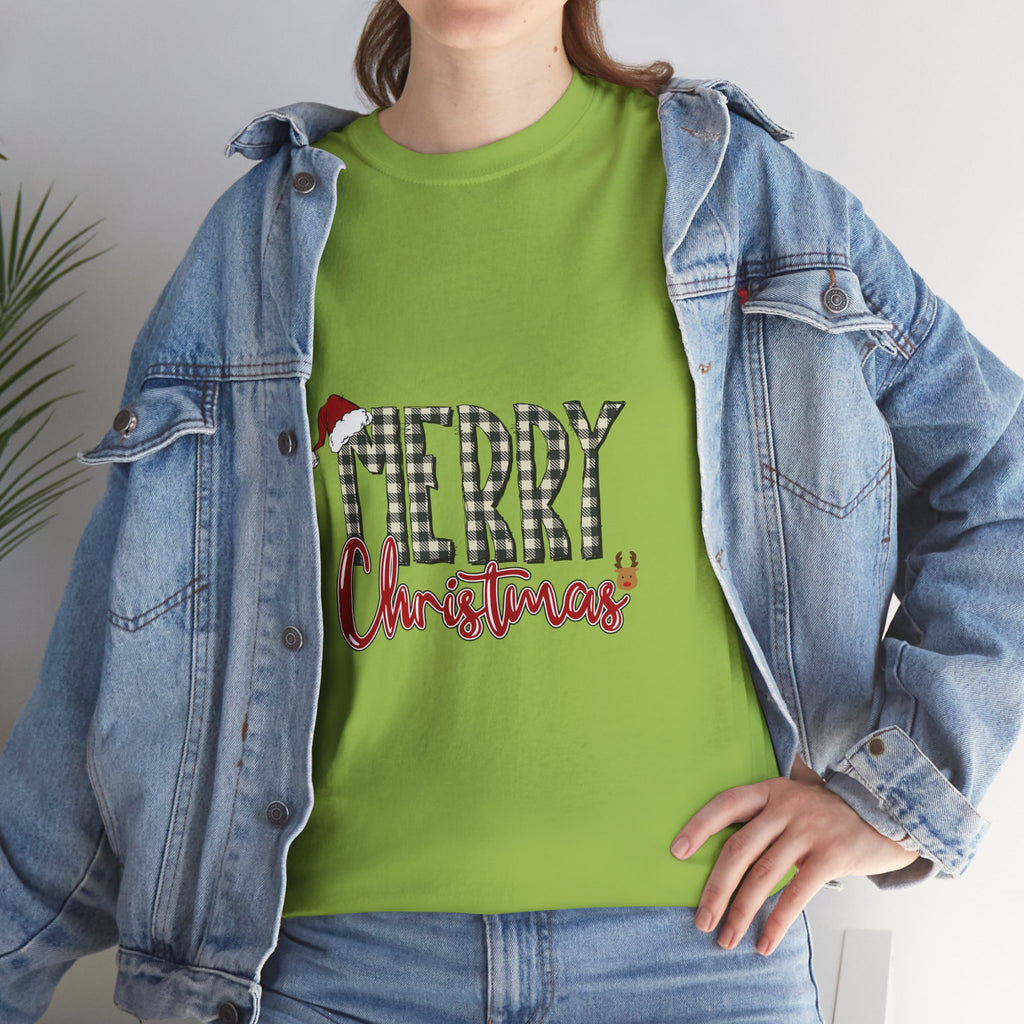 Merry Christmas Plaid Tee — Festive Santa Hat Holiday T‑Shirt