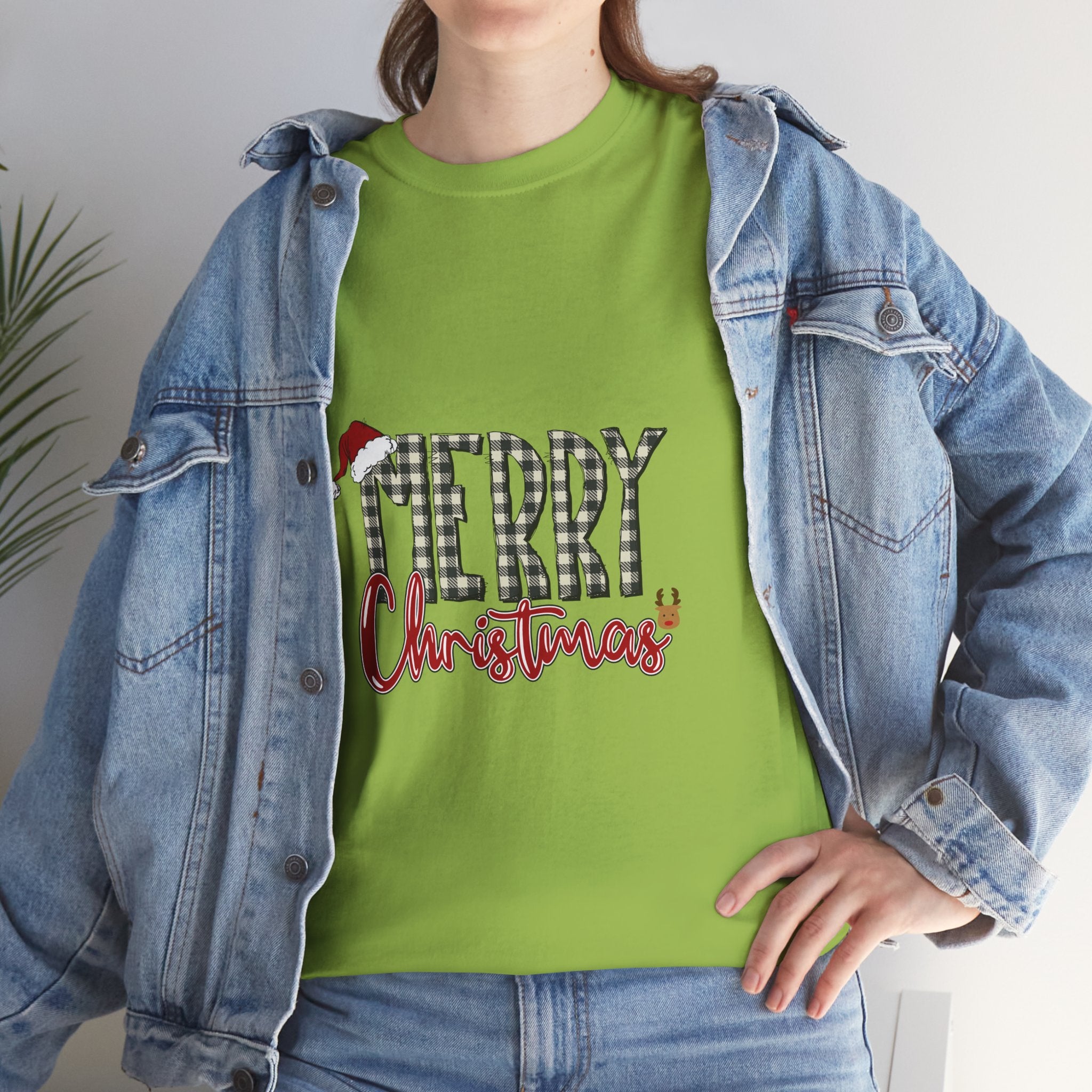 Merry Christmas Plaid Tee — Festive Santa Hat Holiday T‑Shirt