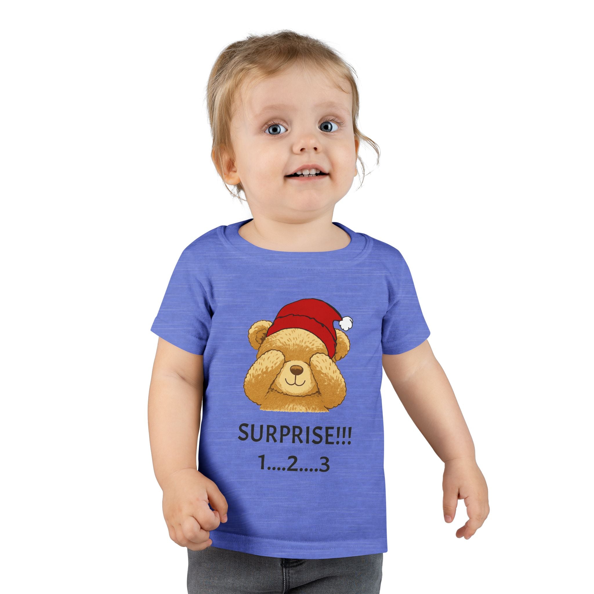Toddler T-Shirt - Cute Surprise Bear with Santa Hat "SURPRISE!!! 1...2...3" Christmas Holiday Tee