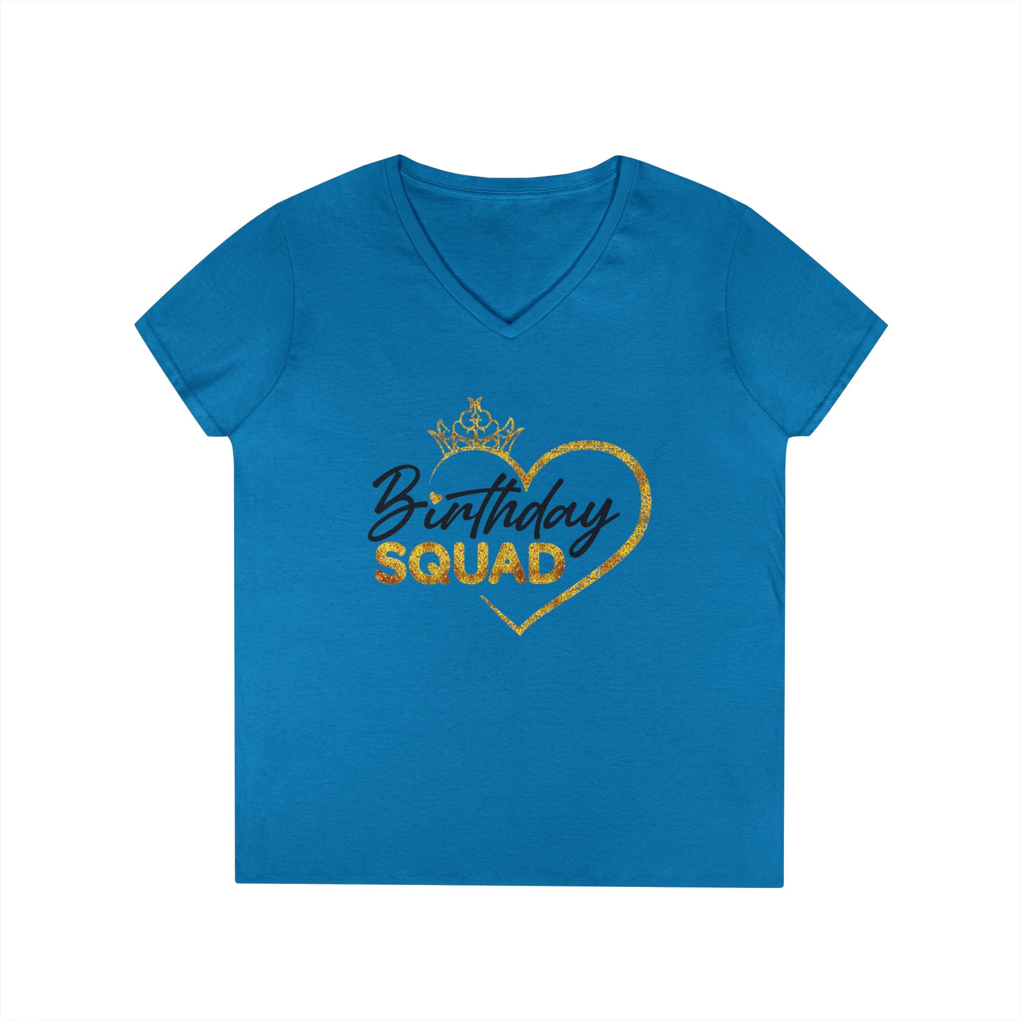 Birthday Squad V-Neck Tee — Women’s Party Shirt with Gold Heart & Crown