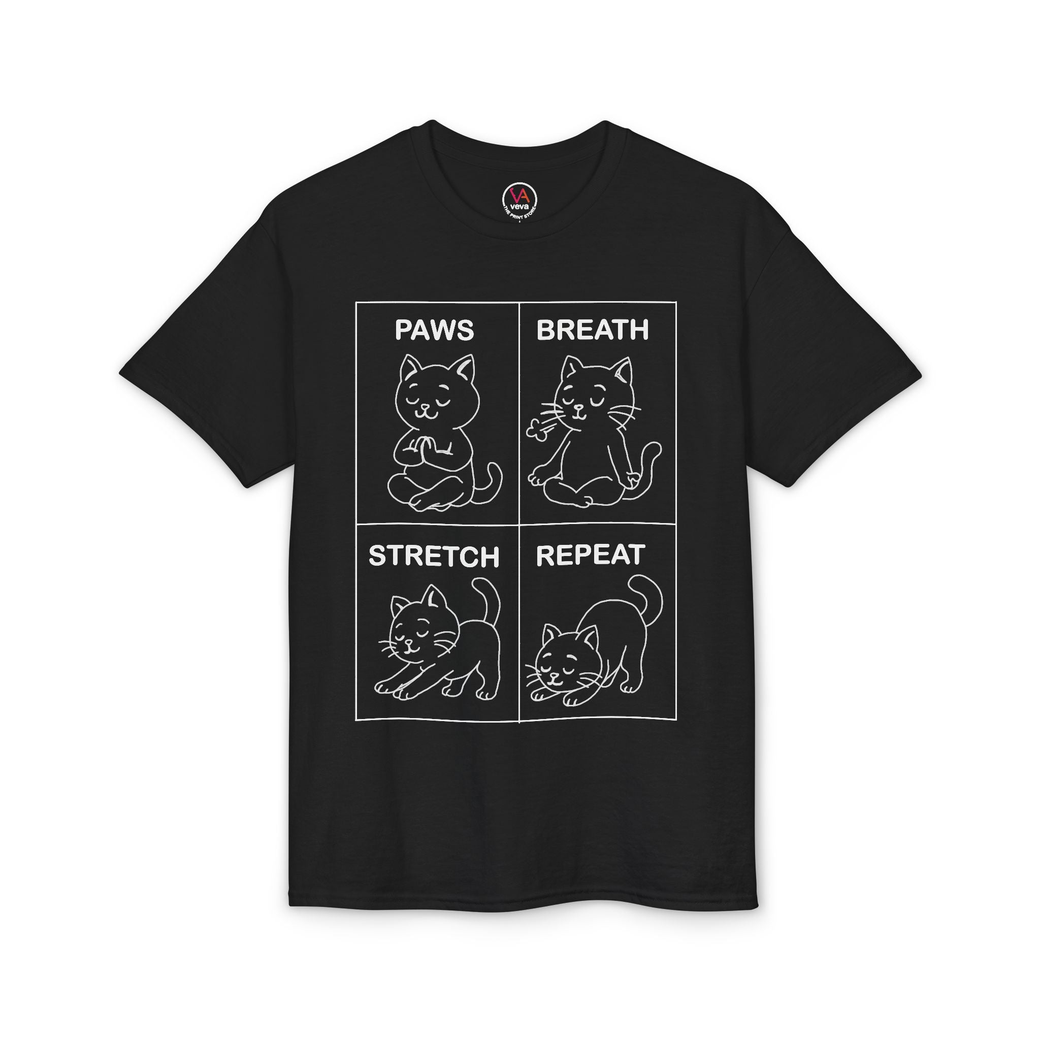 Paws Breath Stretch Repeat T‑Shirt — Cute Cat Yoga Graphic Tee