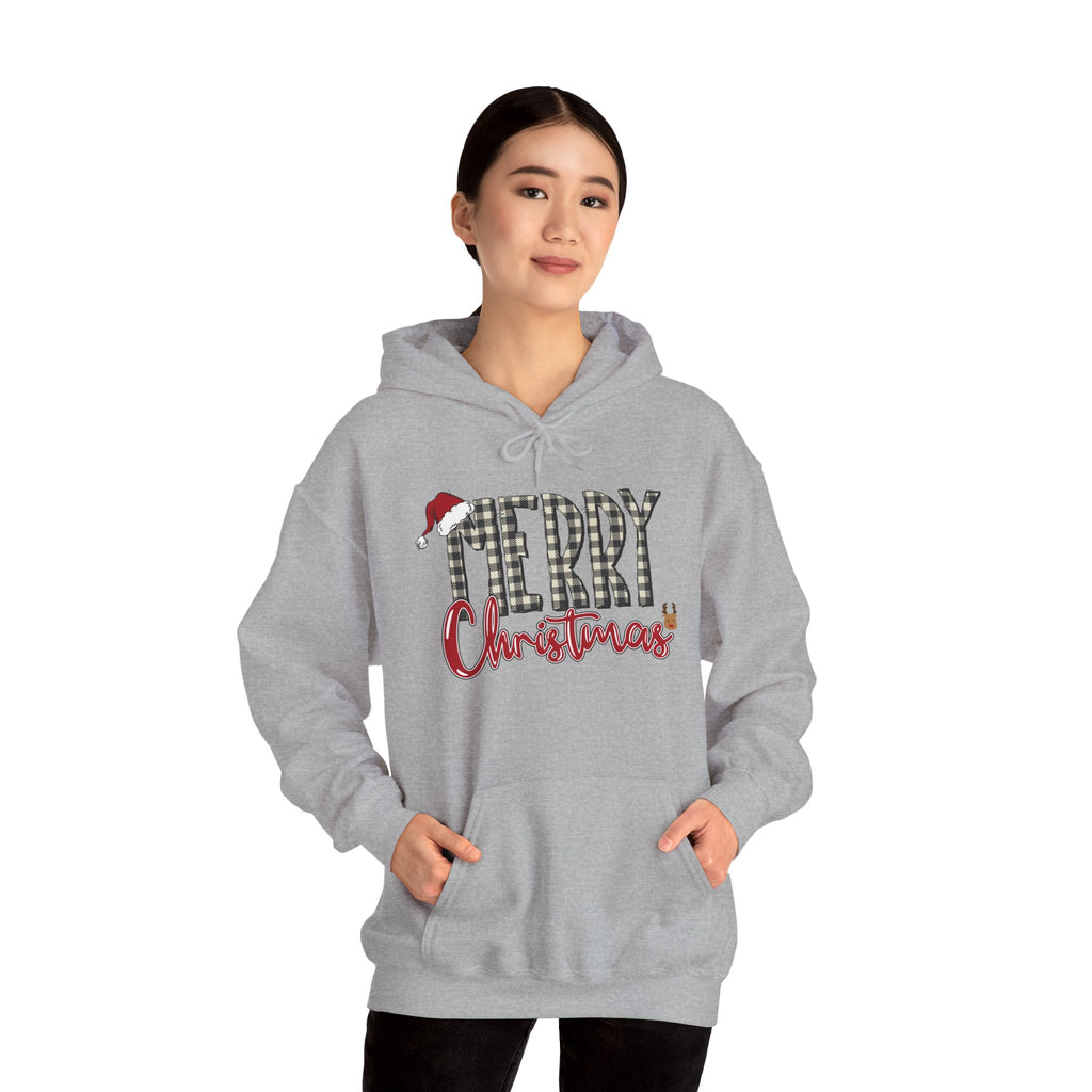 Christmas Hoodie — "Merry Christmas" Buffalo Plaid Santa Hat Holiday Sweatshirt