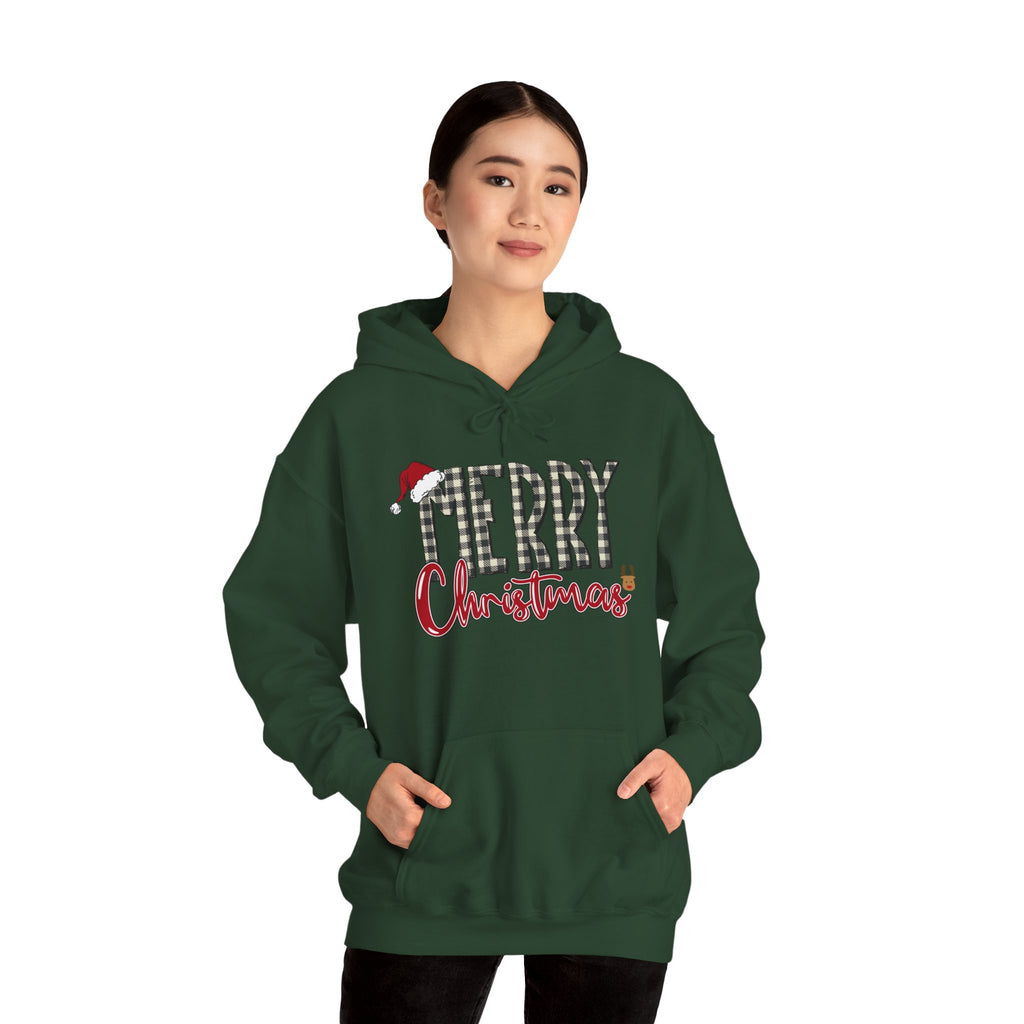 Christmas Hoodie — "Merry Christmas" Buffalo Plaid Santa Hat Holiday Sweatshirt