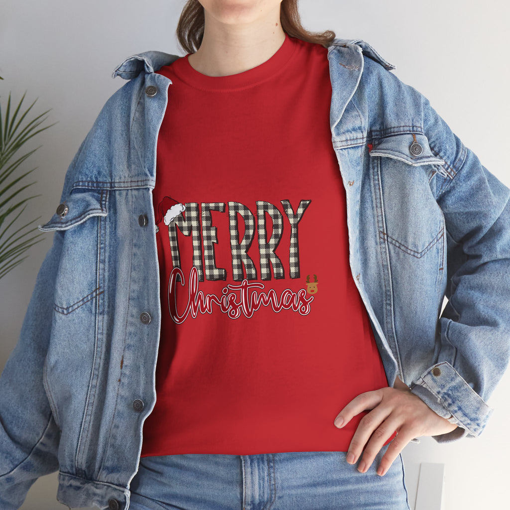 Merry Christmas Plaid Tee — Festive Santa Hat Holiday T‑Shirt