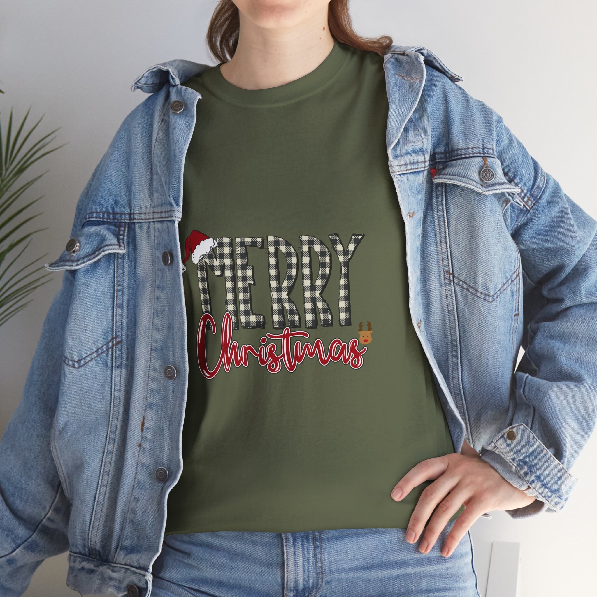 Merry Christmas Plaid Tee — Festive Santa Hat Holiday T‑Shirt
