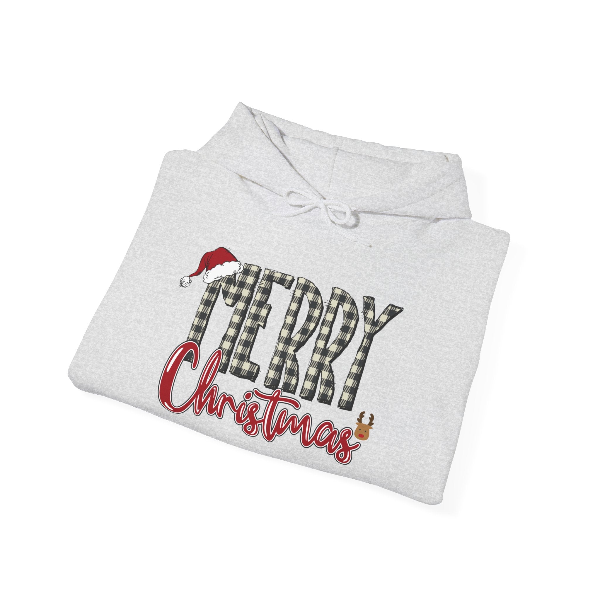 Christmas Hoodie — "Merry Christmas" Buffalo Plaid Santa Hat Holiday Sweatshirt
