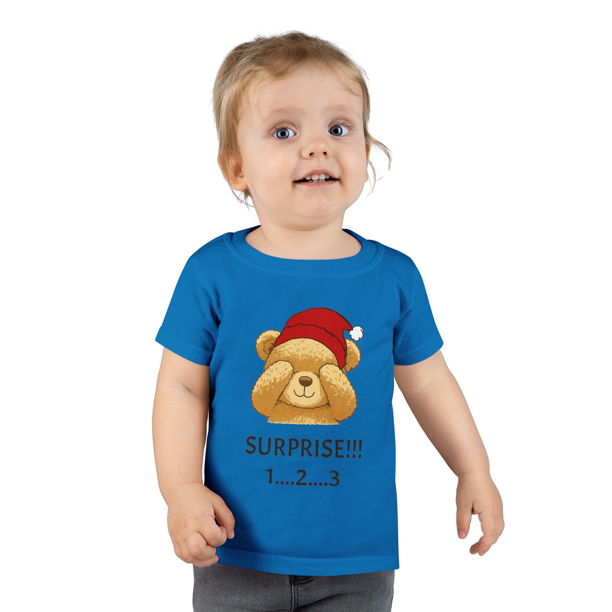 Toddler T-Shirt - Cute Surprise Bear with Santa Hat "SURPRISE!!! 1...2...3" Christmas Holiday Tee