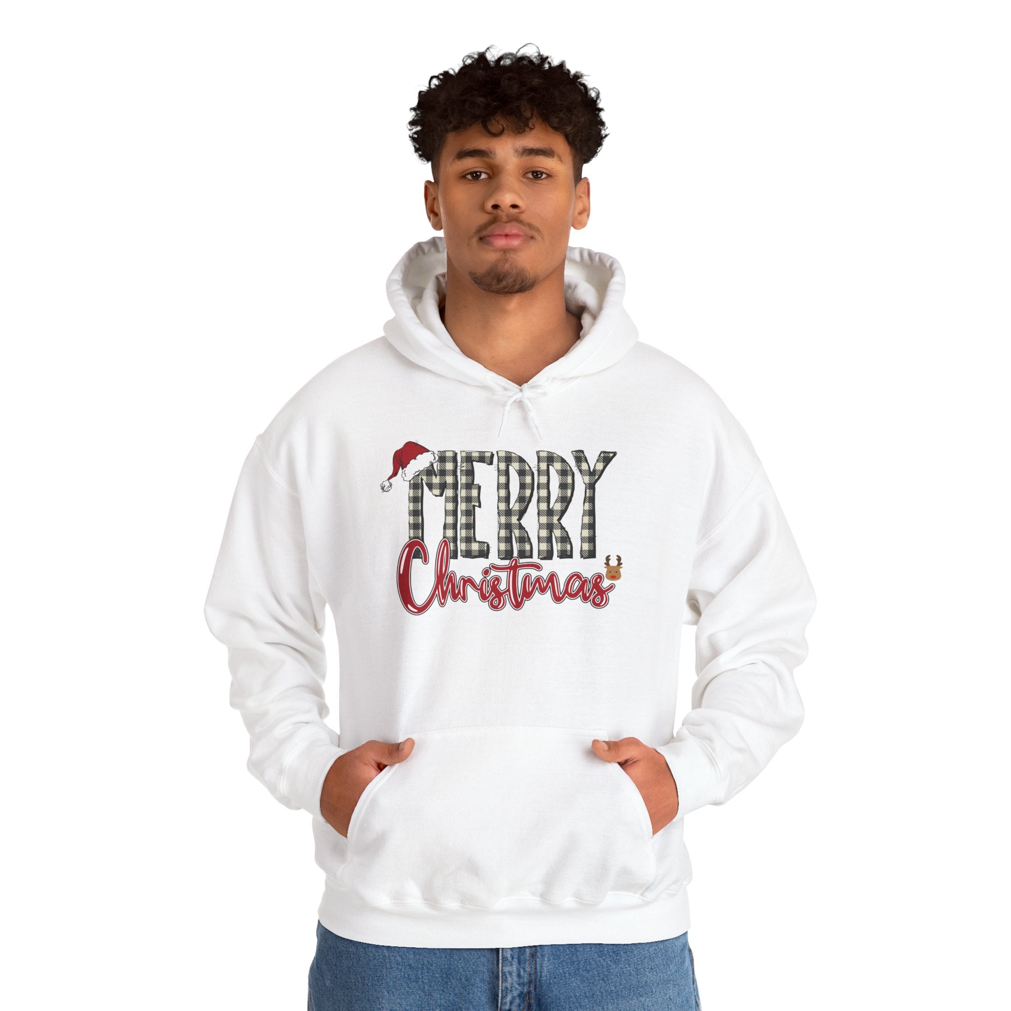 Christmas Hoodie — "Merry Christmas" Buffalo Plaid Santa Hat Holiday Sweatshirt