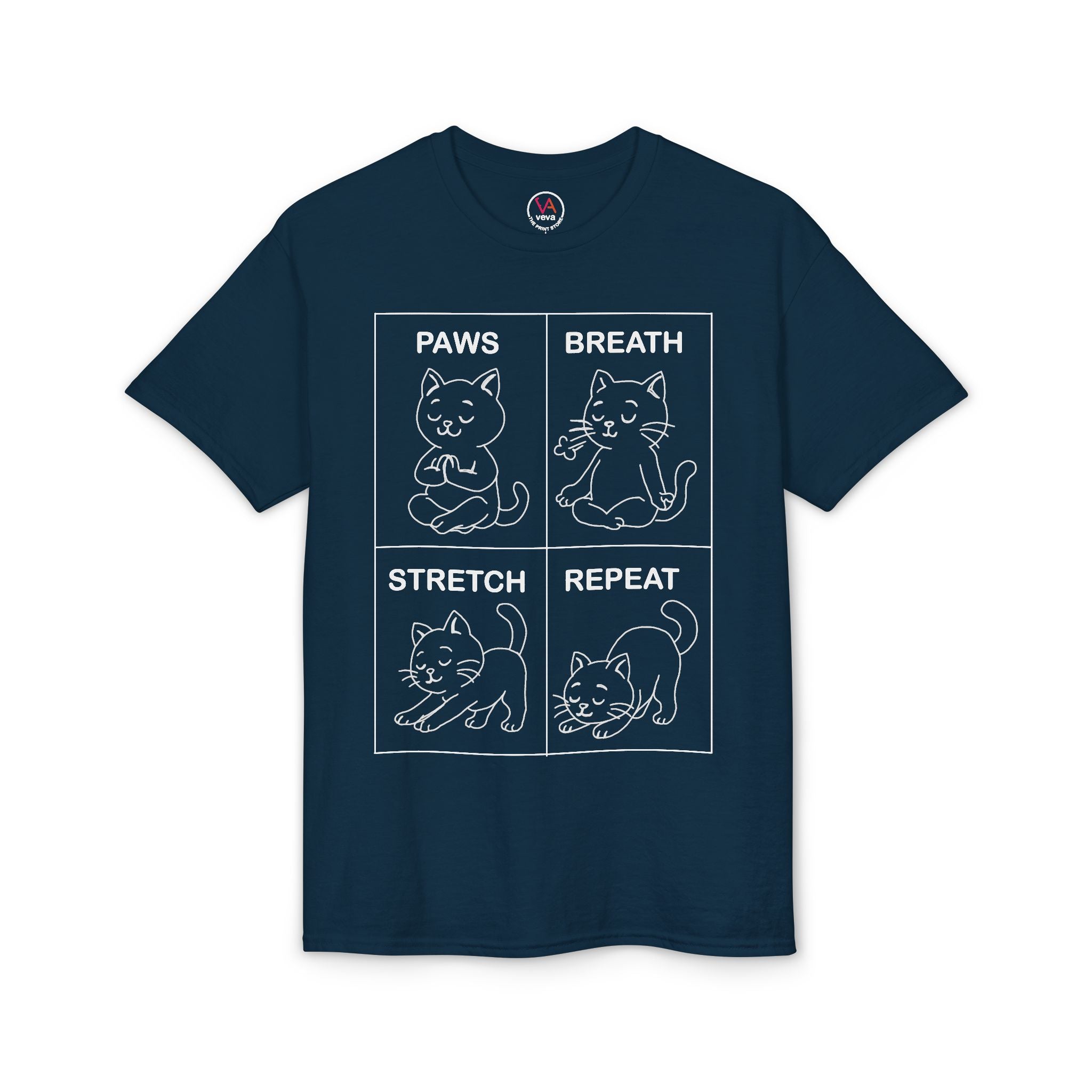 Paws Breath Stretch Repeat T‑Shirt — Cute Cat Yoga Graphic Tee