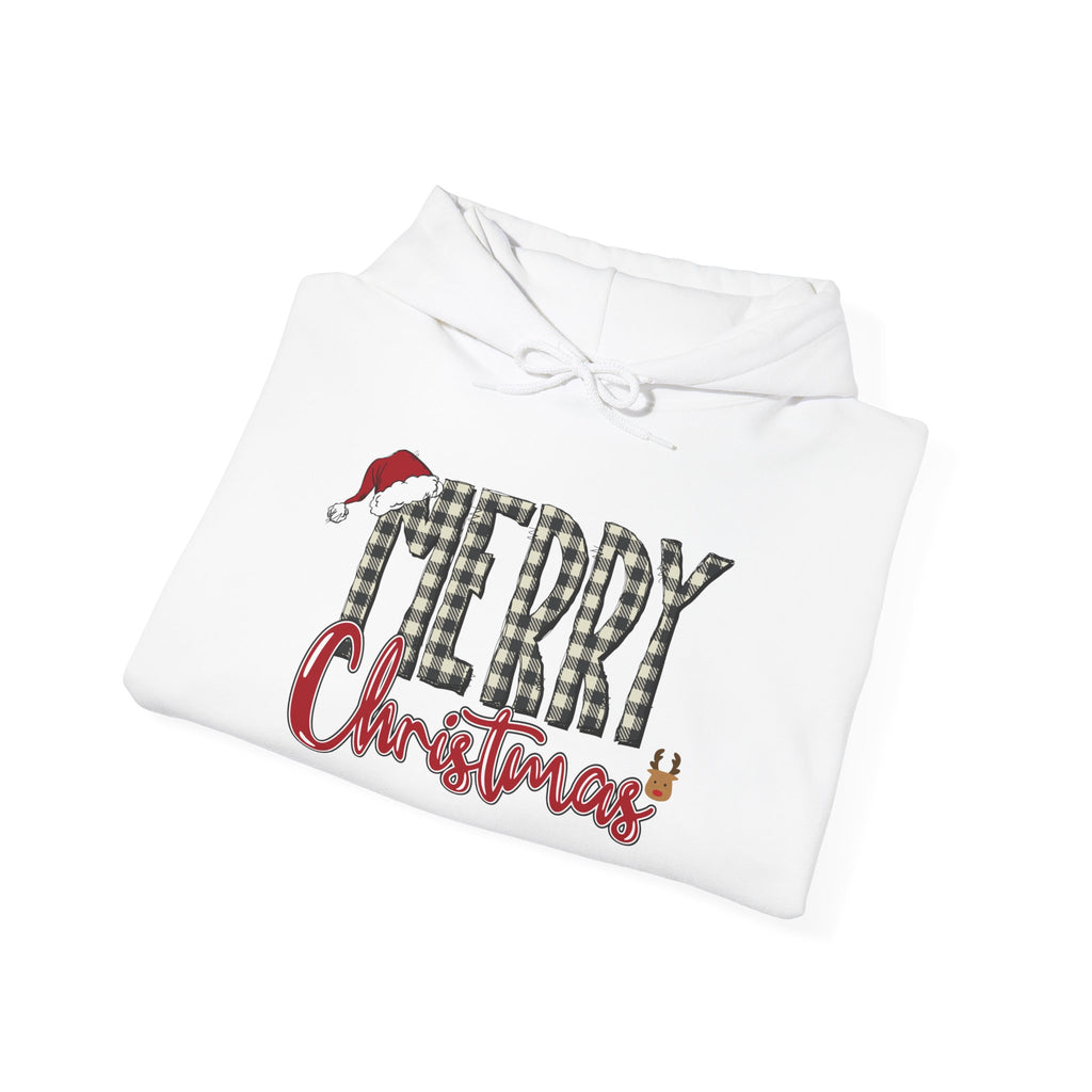 Christmas Hoodie — "Merry Christmas" Buffalo Plaid Santa Hat Holiday Sweatshirt