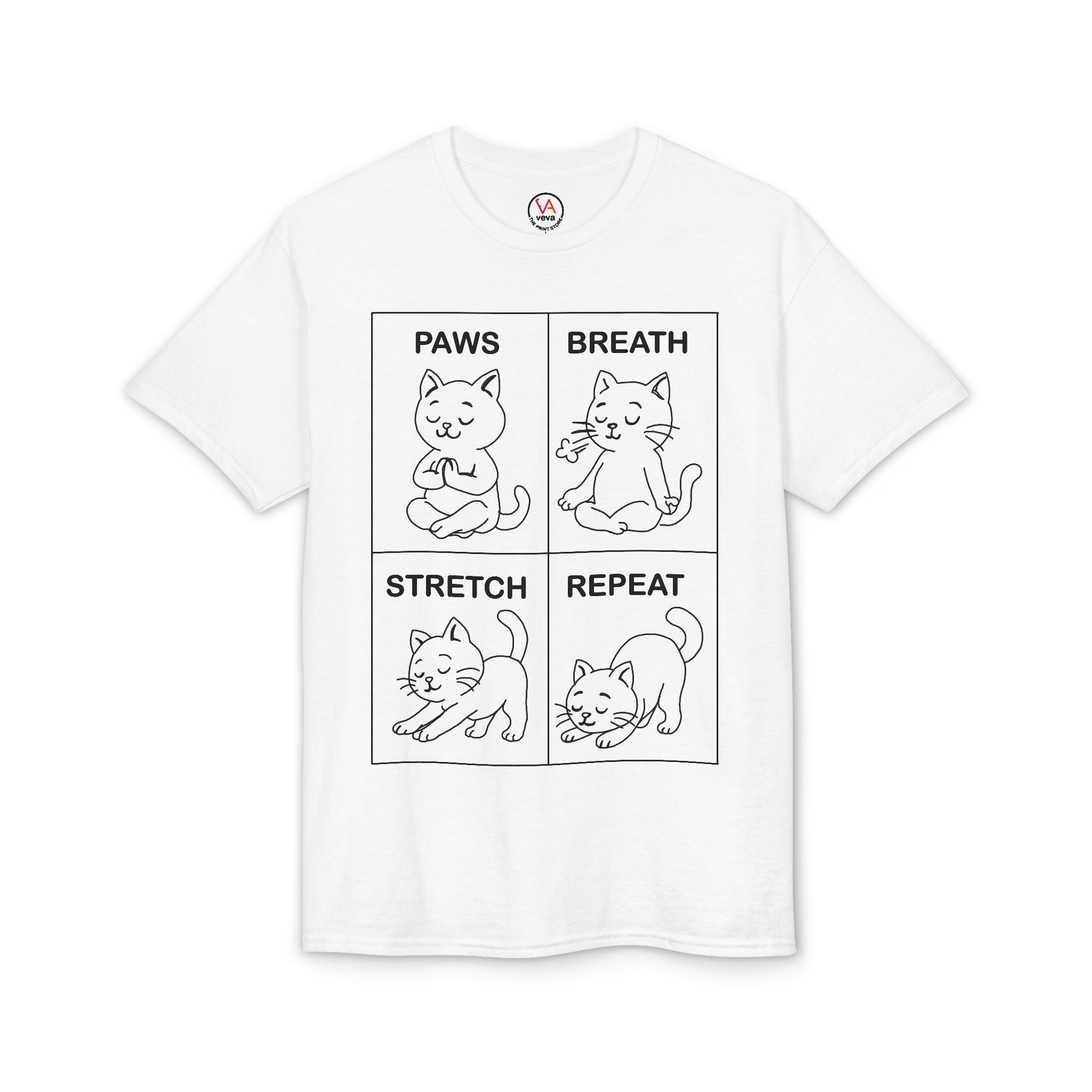 Paws Breath Stretch Repeat T‑Shirt — Cute Cat Yoga Graphic Tee