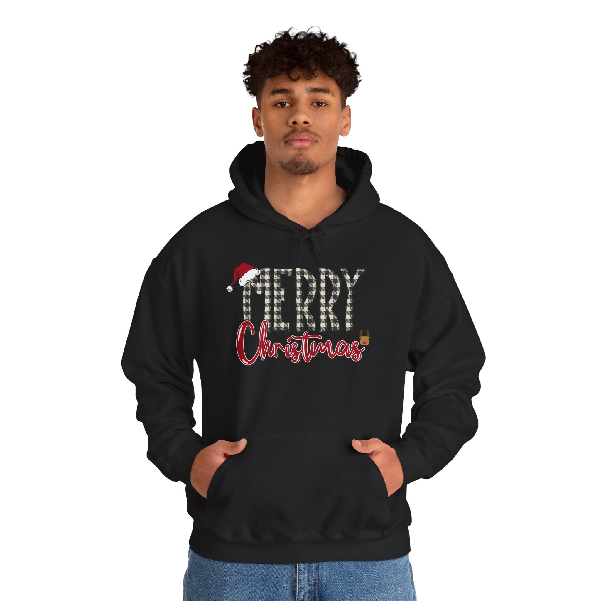 Christmas Hoodie — "Merry Christmas" Buffalo Plaid Santa Hat Holiday Sweatshirt