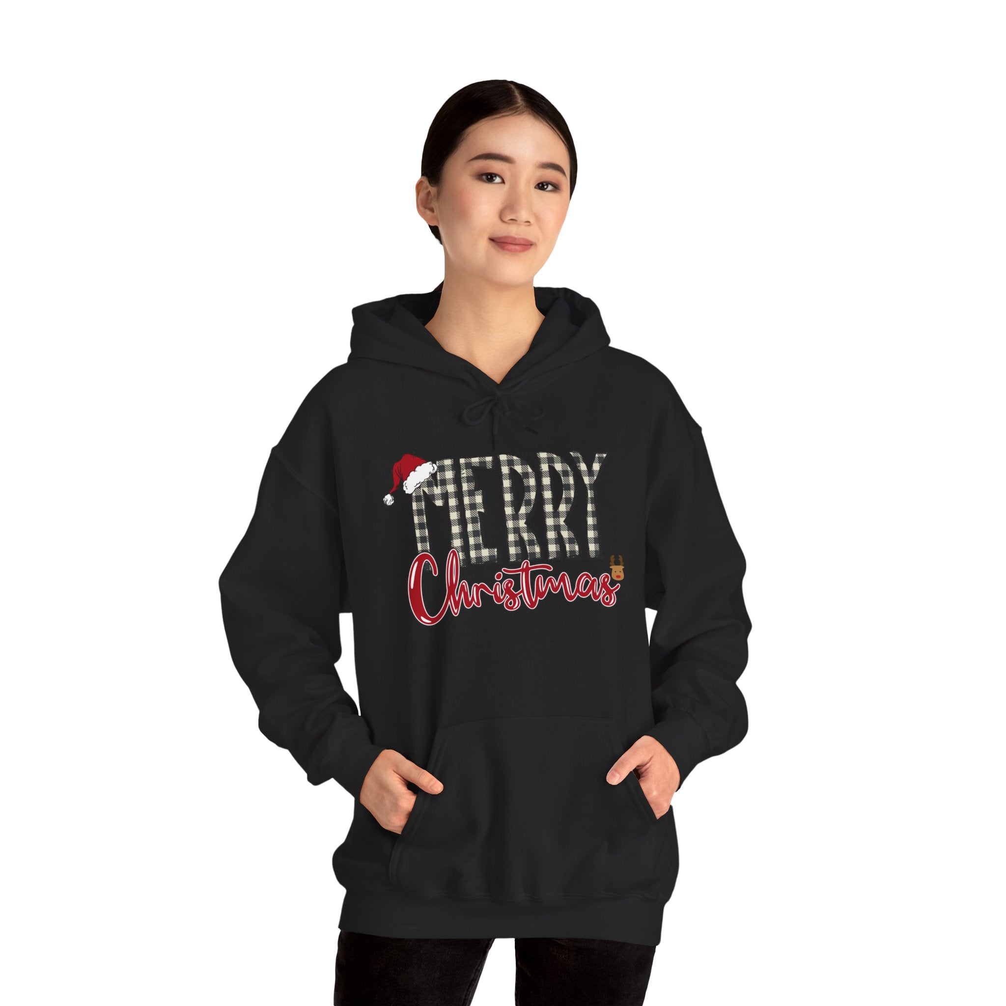 Christmas Hoodie — "Merry Christmas" Buffalo Plaid Santa Hat Holiday Sweatshirt