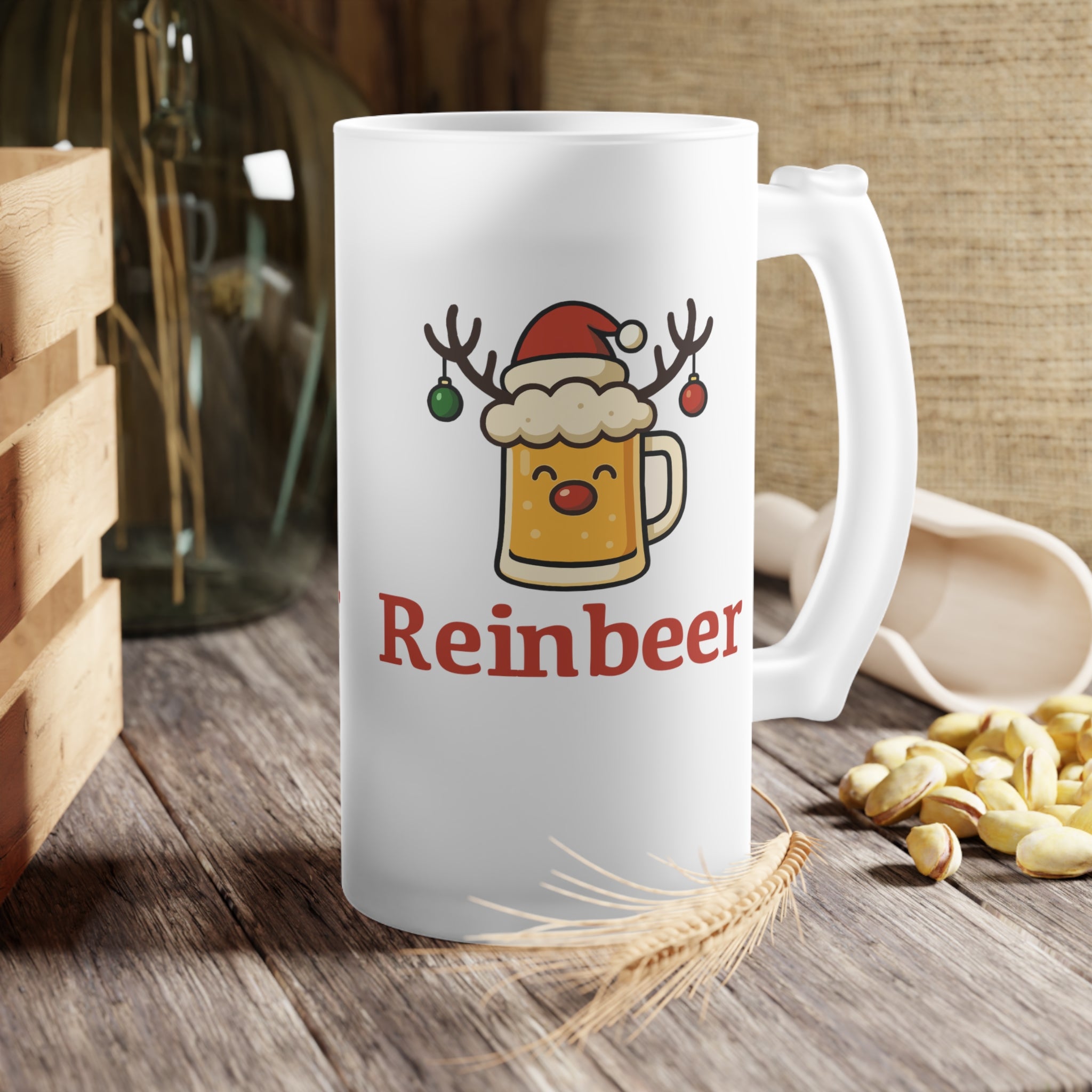 Christmas Beer Mug – 'Reinbeer' Frosted Glass Holiday Beer Stein