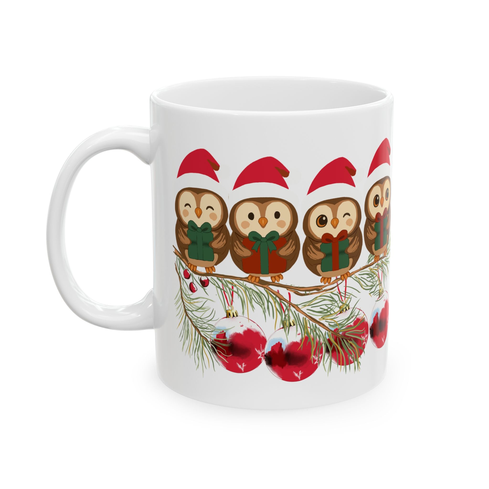 Christmas Owl Mug - Cute Santa Owls on Pine Branch Holiday Coffee Cup (11oz)