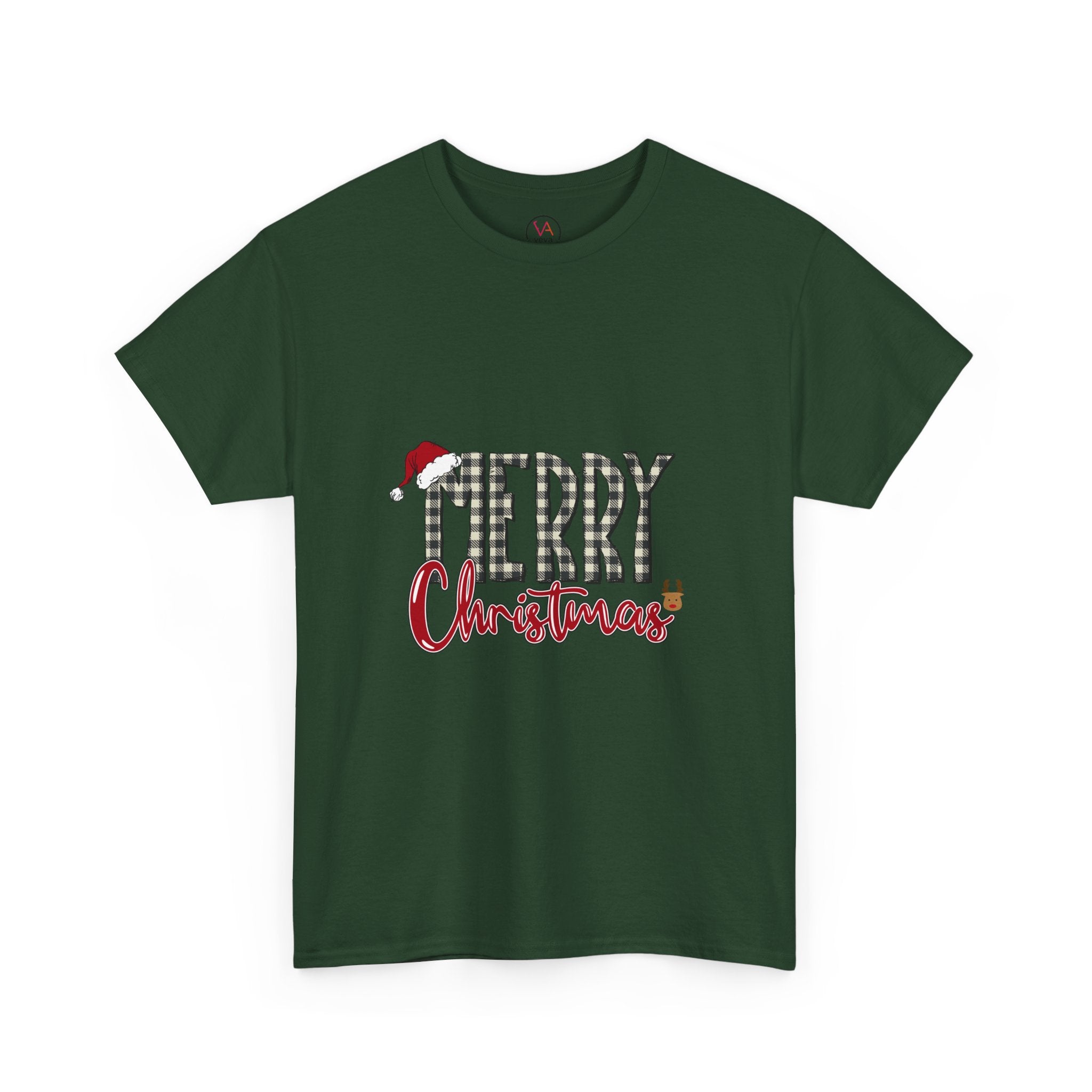 Merry Christmas Plaid Tee — Festive Santa Hat Holiday T‑Shirt