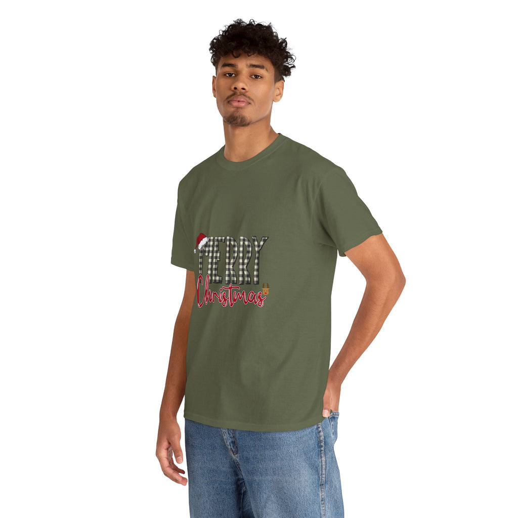 Merry Christmas Plaid Tee — Festive Santa Hat Holiday T‑Shirt