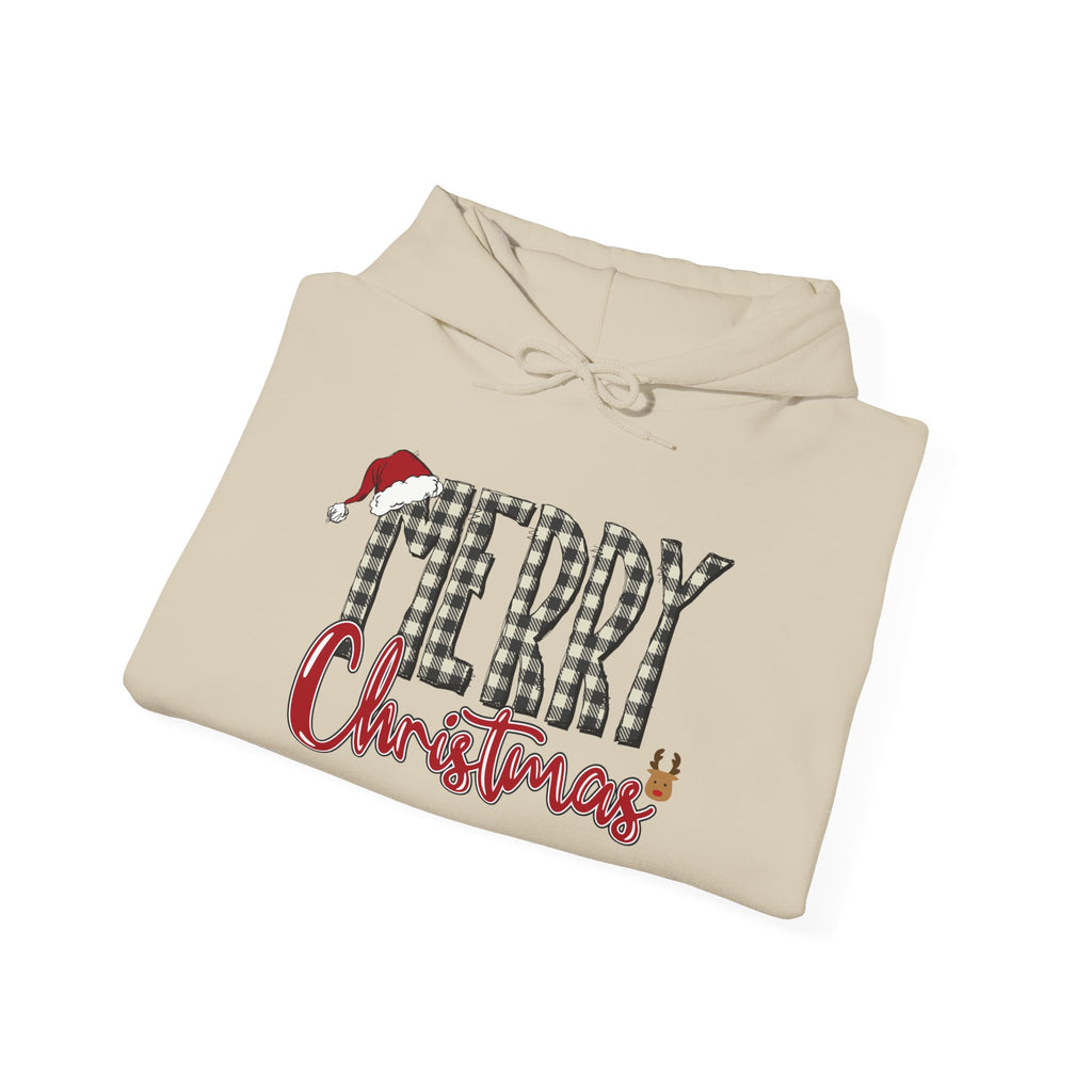 Christmas Hoodie — "Merry Christmas" Buffalo Plaid Santa Hat Holiday Sweatshirt