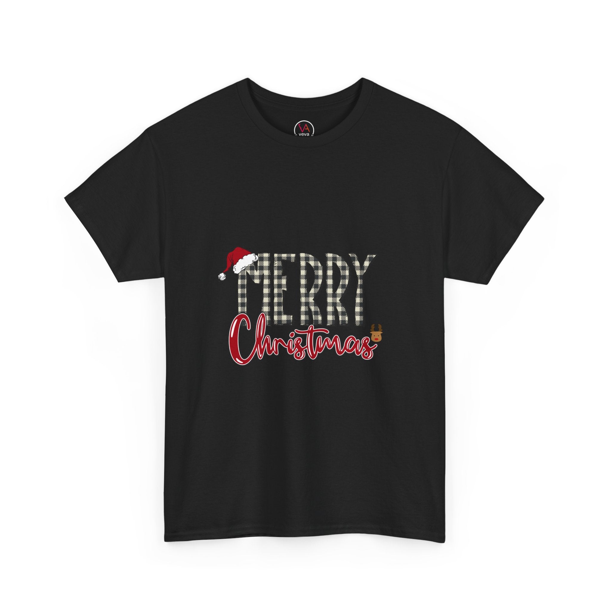 Merry Christmas Plaid Tee — Festive Santa Hat Holiday T‑Shirt