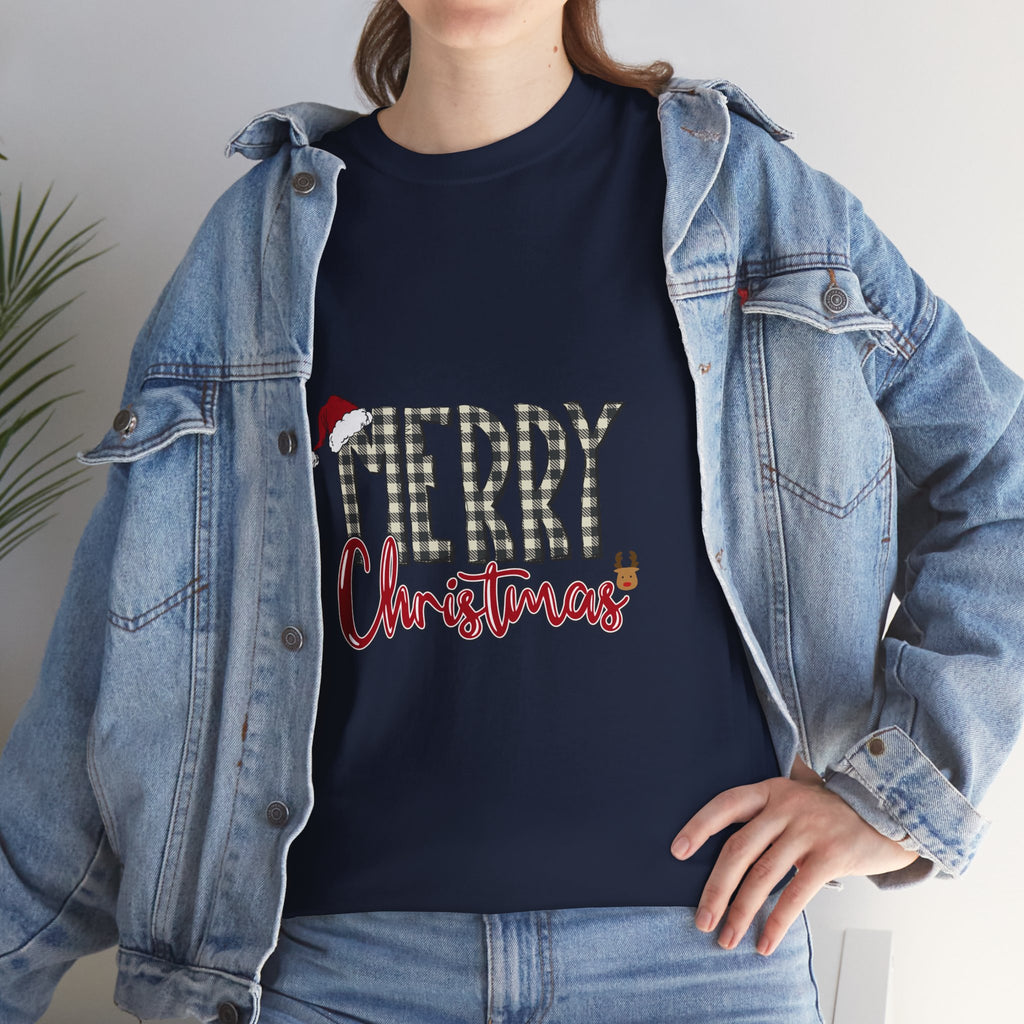 Merry Christmas Plaid Tee — Festive Santa Hat Holiday T‑Shirt
