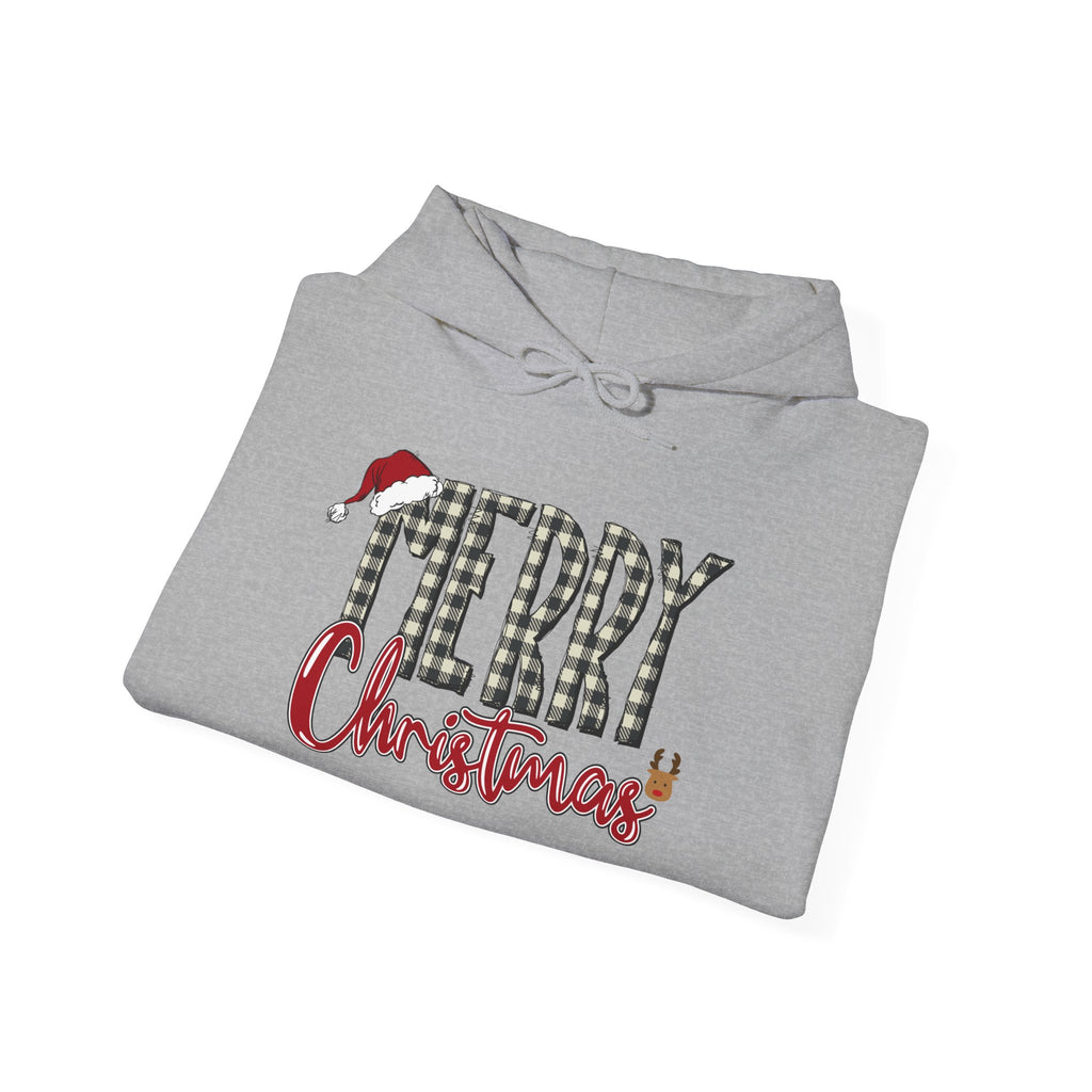 Christmas Hoodie — "Merry Christmas" Buffalo Plaid Santa Hat Holiday Sweatshirt
