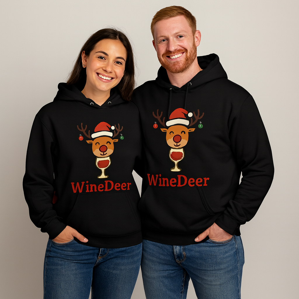WineDeer Holiday Hoodie – Cute Santa Reindeer Wine Lover Sweatshirt