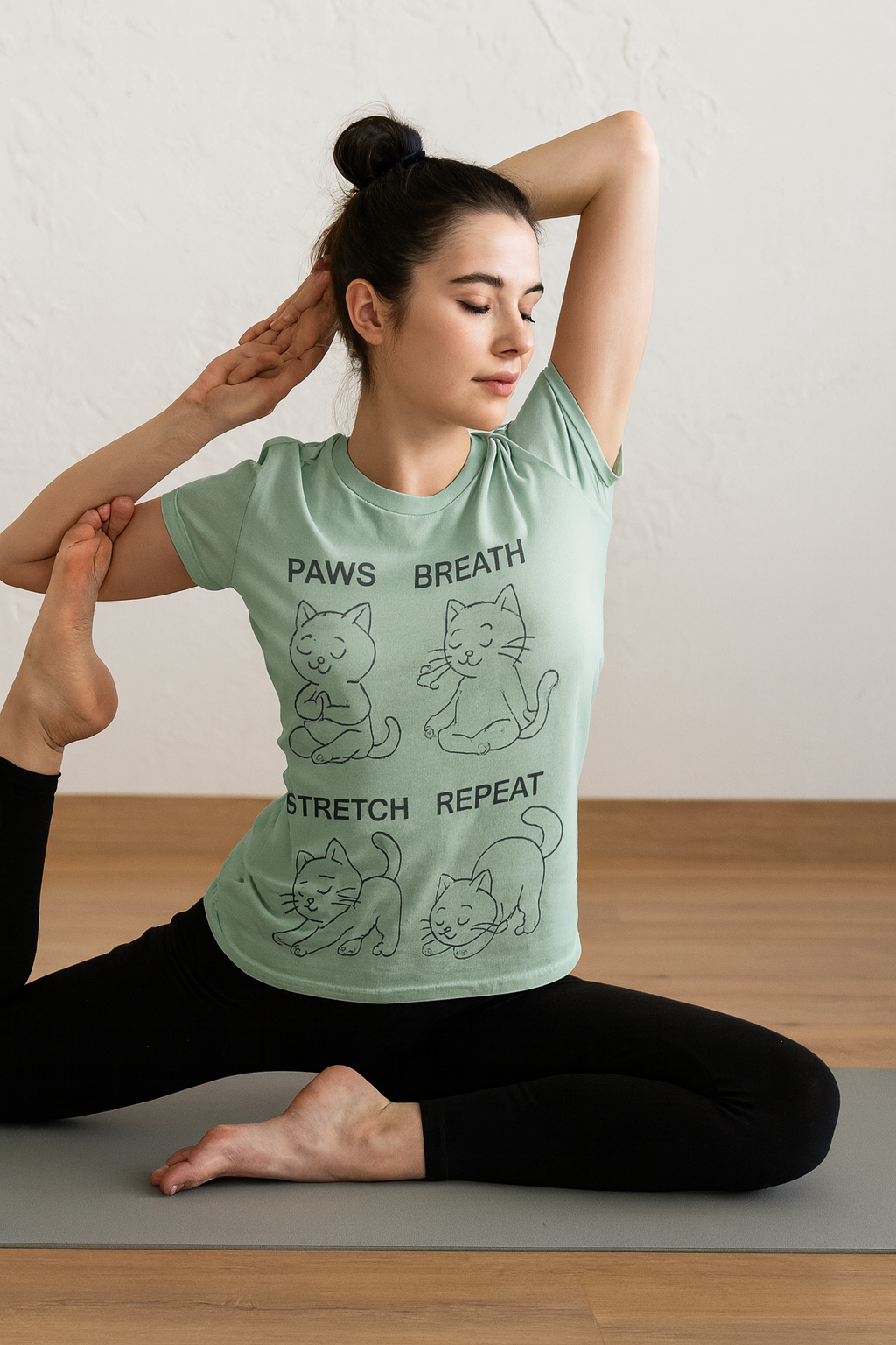 Paws Breath Stretch Repeat T‑Shirt — Cute Cat Yoga Graphic Tee