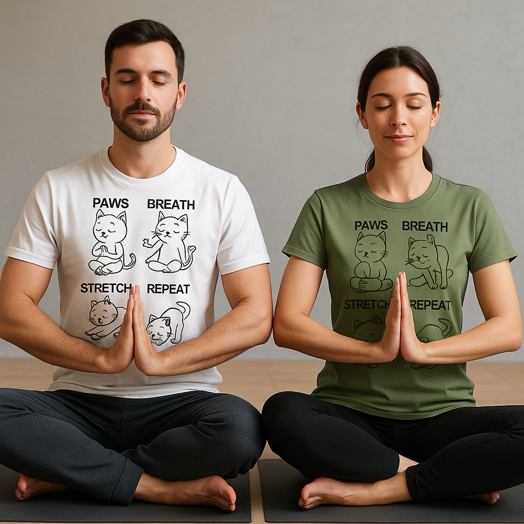 Paws Breath Stretch Repeat T‑Shirt — Cute Cat Yoga Graphic Tee