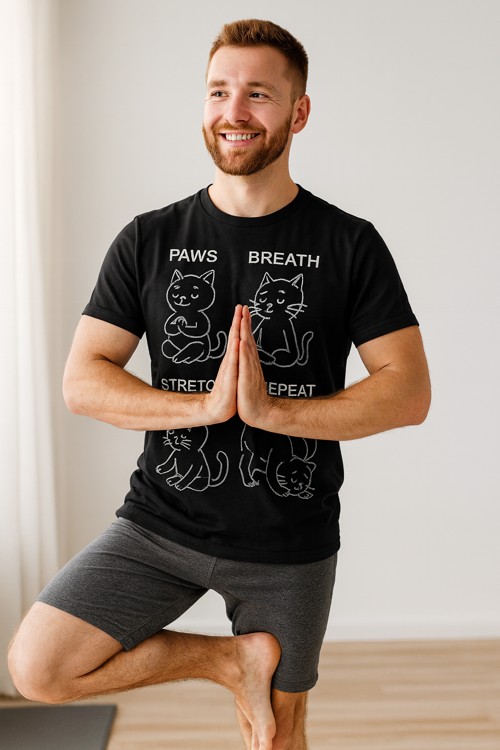 Paws Breath Stretch Repeat T‑Shirt — Cute Cat Yoga Graphic Tee