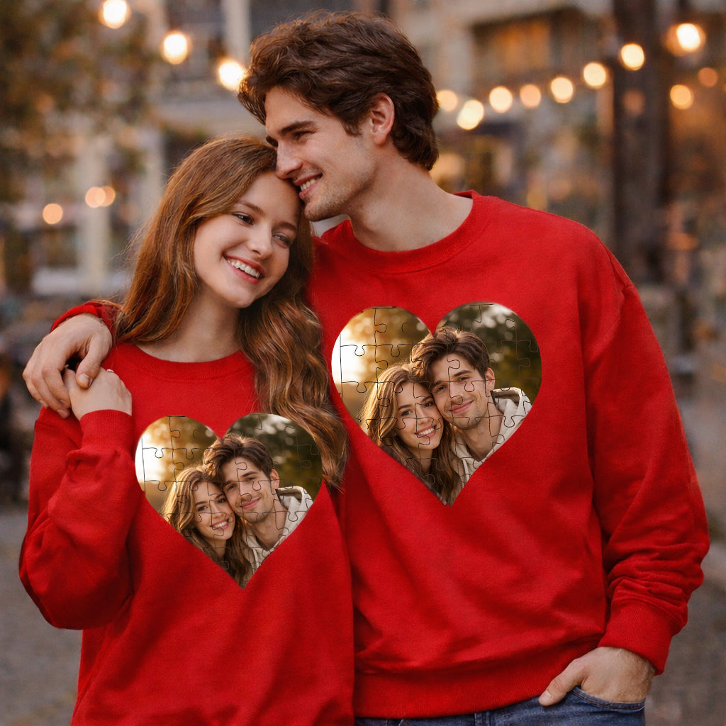 Personalized Puzzle Heart Photo Collage Sweatshirt – Custom Memory Crewneck
