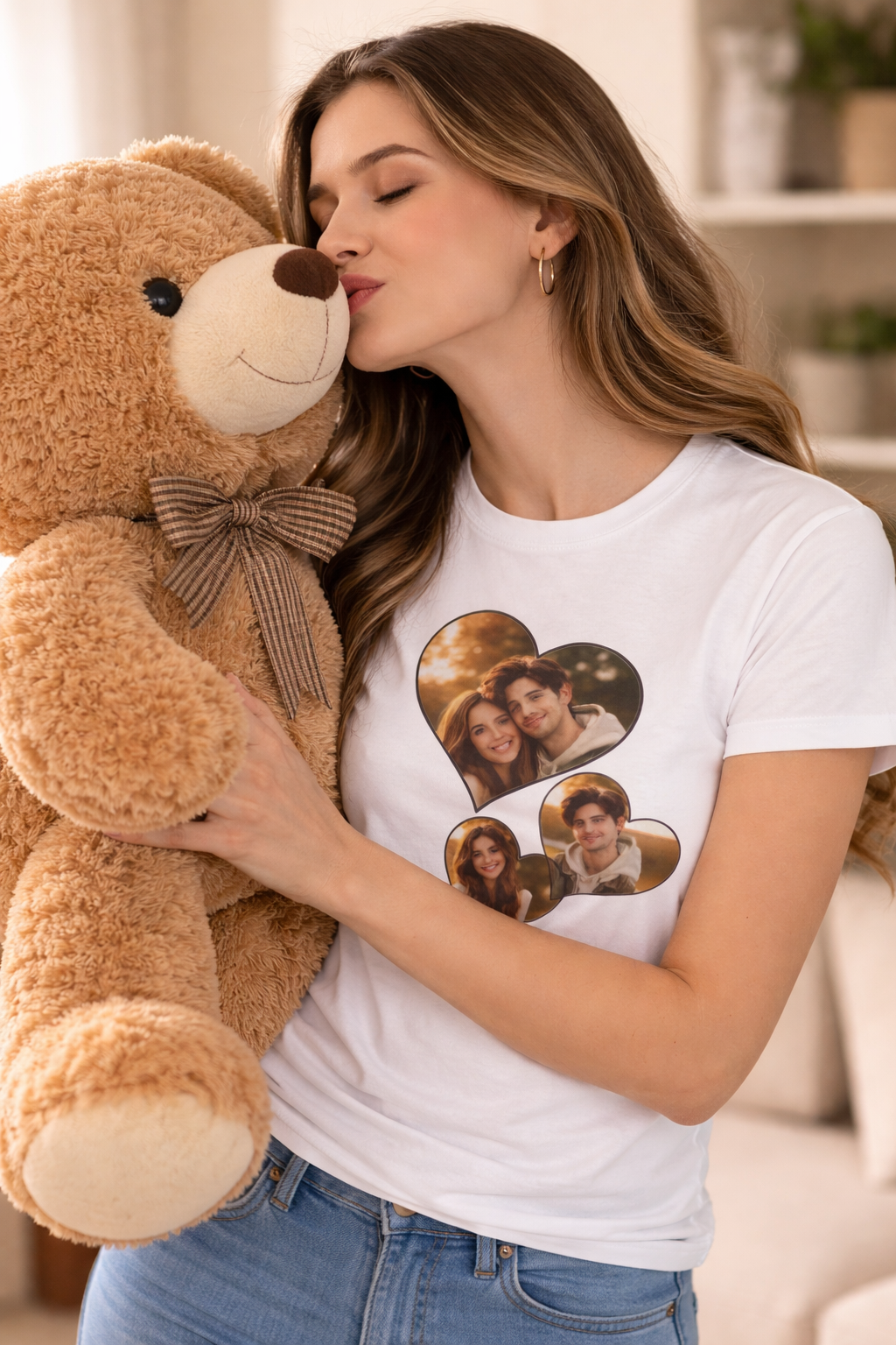 Custom Double Heart Photo T-Shirt for Her - Personalizable Tee