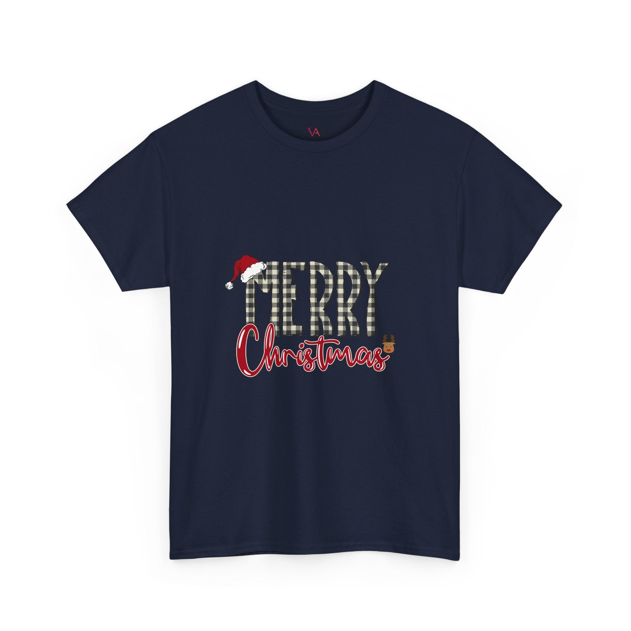 Merry Christmas Plaid Tee — Festive Santa Hat Holiday T‑Shirt