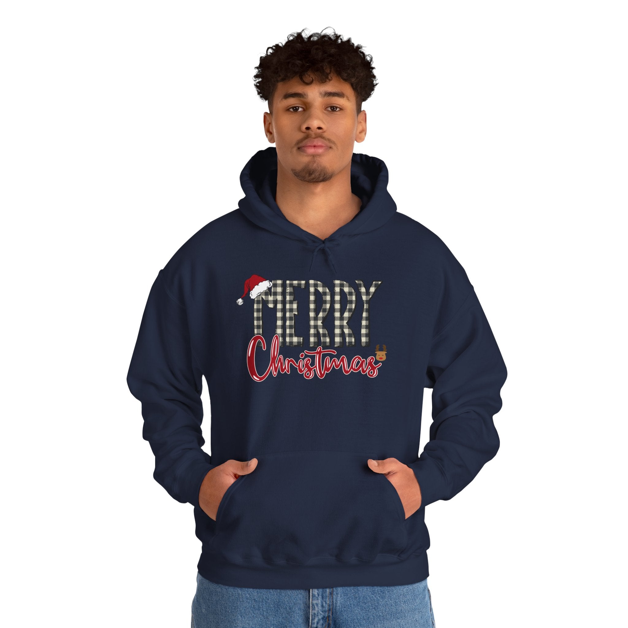 Christmas Hoodie — "Merry Christmas" Buffalo Plaid Santa Hat Holiday Sweatshirt