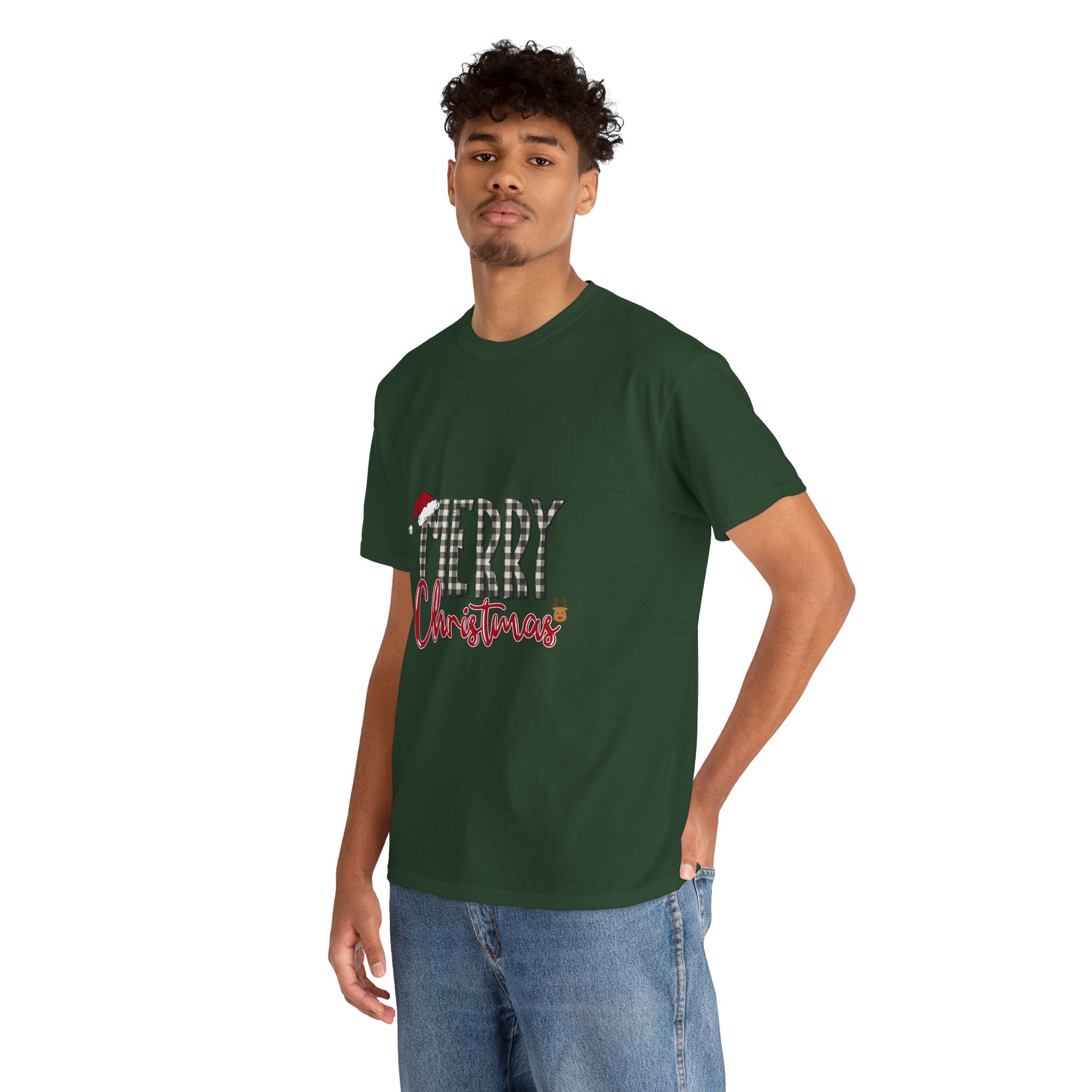 Merry Christmas Plaid Tee — Festive Santa Hat Holiday T‑Shirt