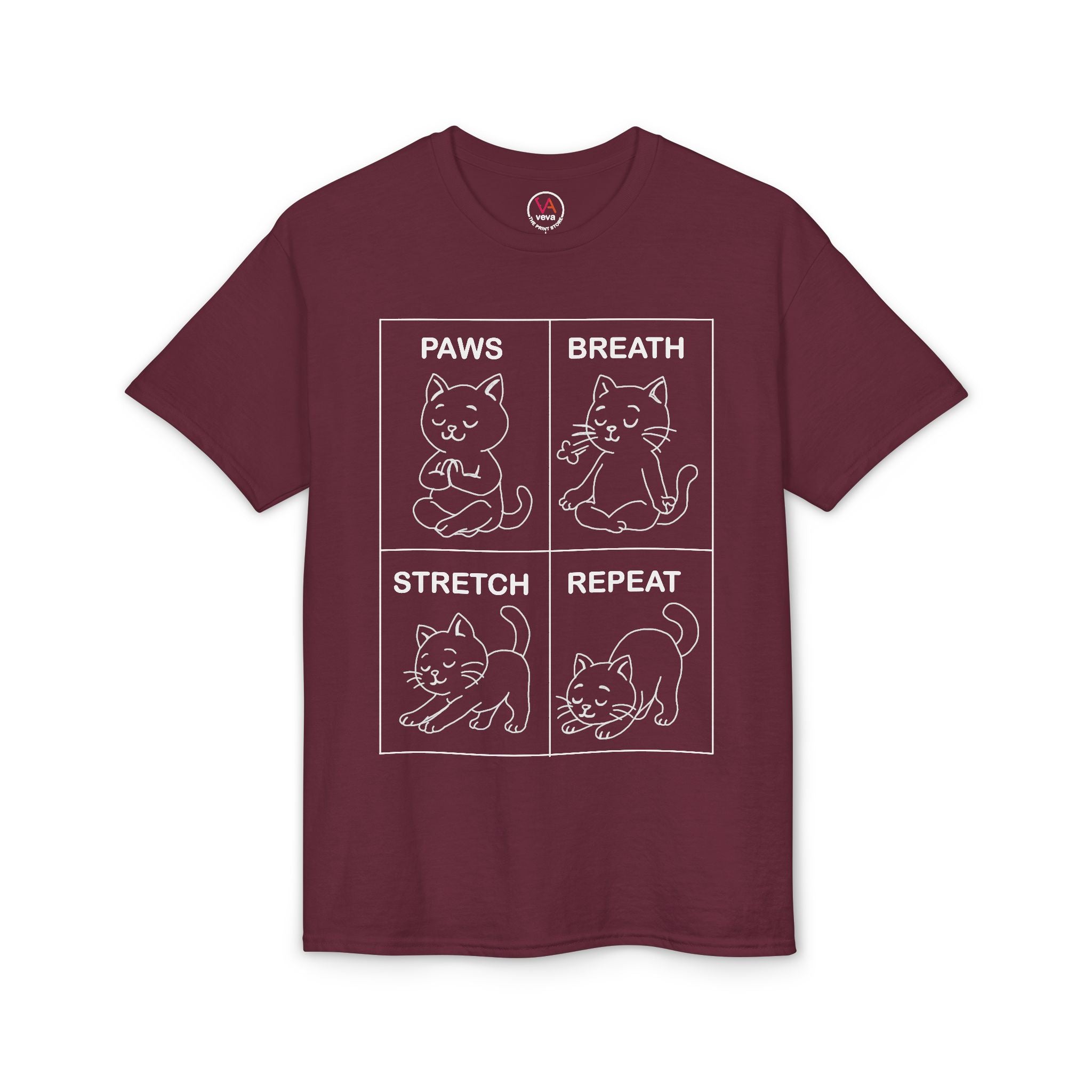 Paws Breath Stretch Repeat T‑Shirt — Cute Cat Yoga Graphic Tee