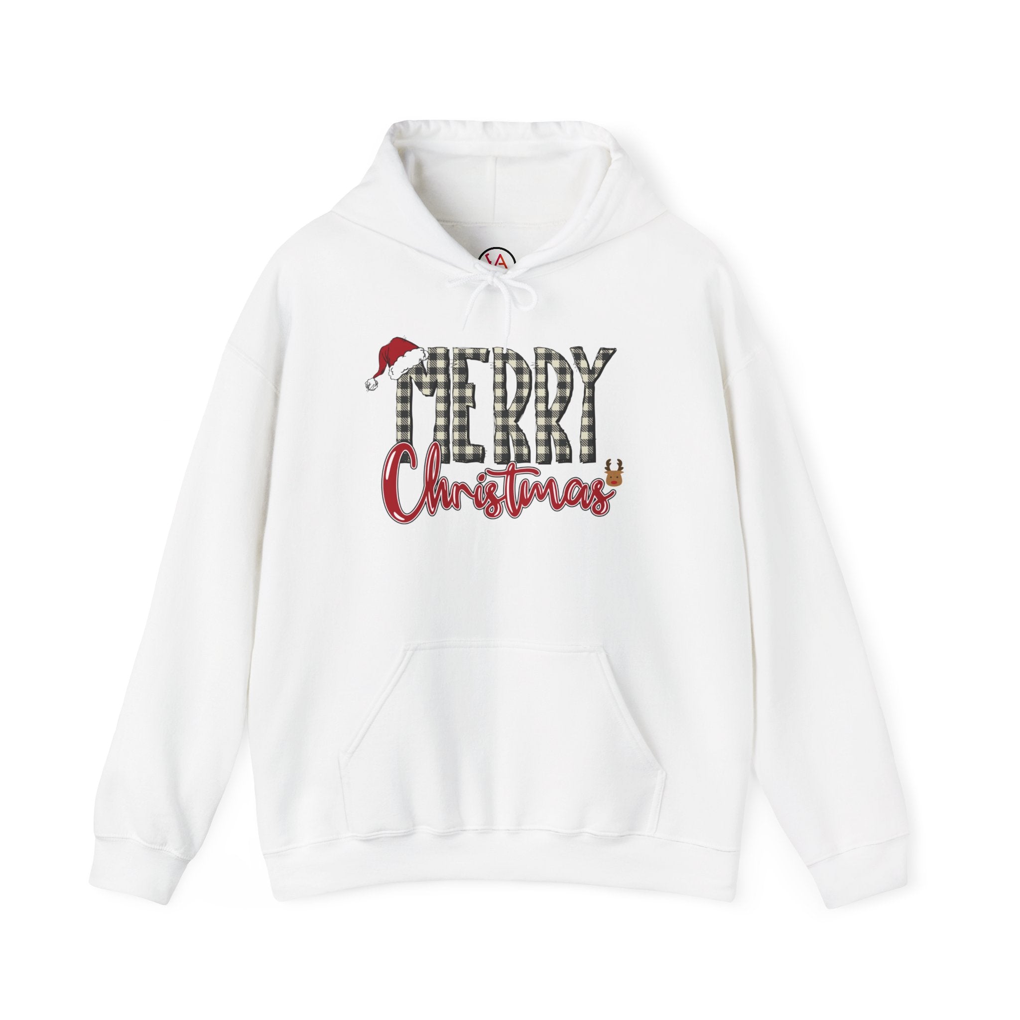 Christmas Hoodie — "Merry Christmas" Buffalo Plaid Santa Hat Holiday Sweatshirt