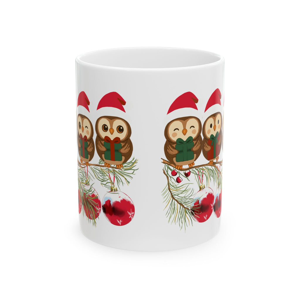 Christmas Owl Mug - Cute Santa Owls on Pine Branch Holiday Coffee Cup (11oz)
