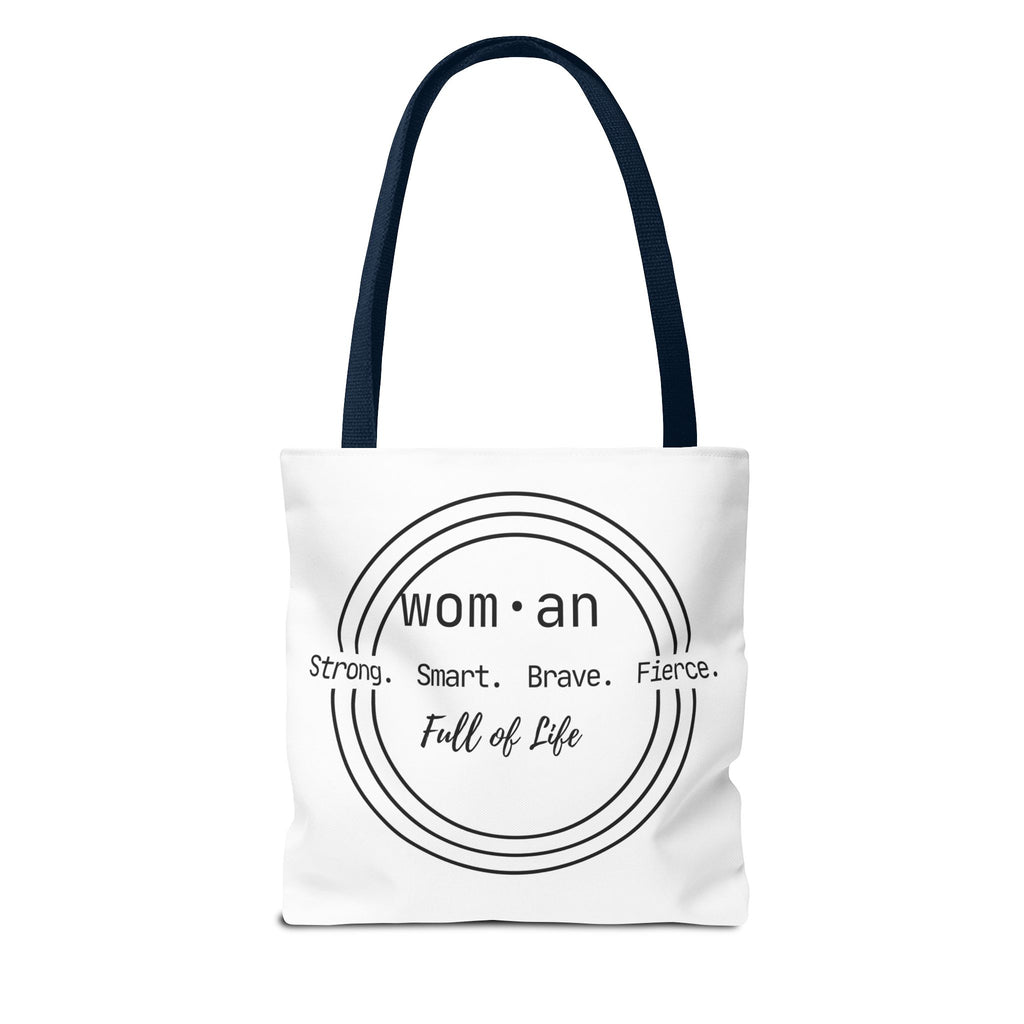 Woman Circle Tote Bag — "Strong. Smart. Brave. Fierce. Full of Life" Inspirational Tote