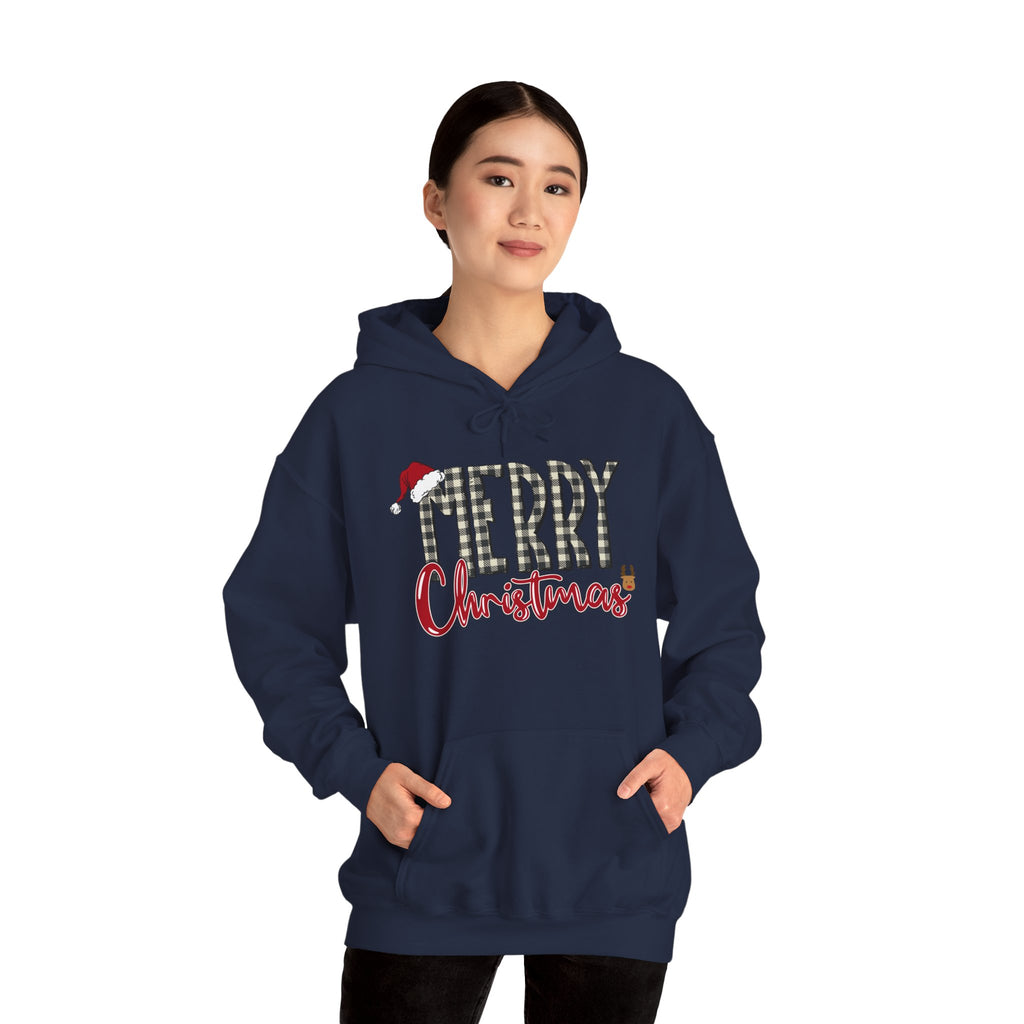 Christmas Hoodie — "Merry Christmas" Buffalo Plaid Santa Hat Holiday Sweatshirt