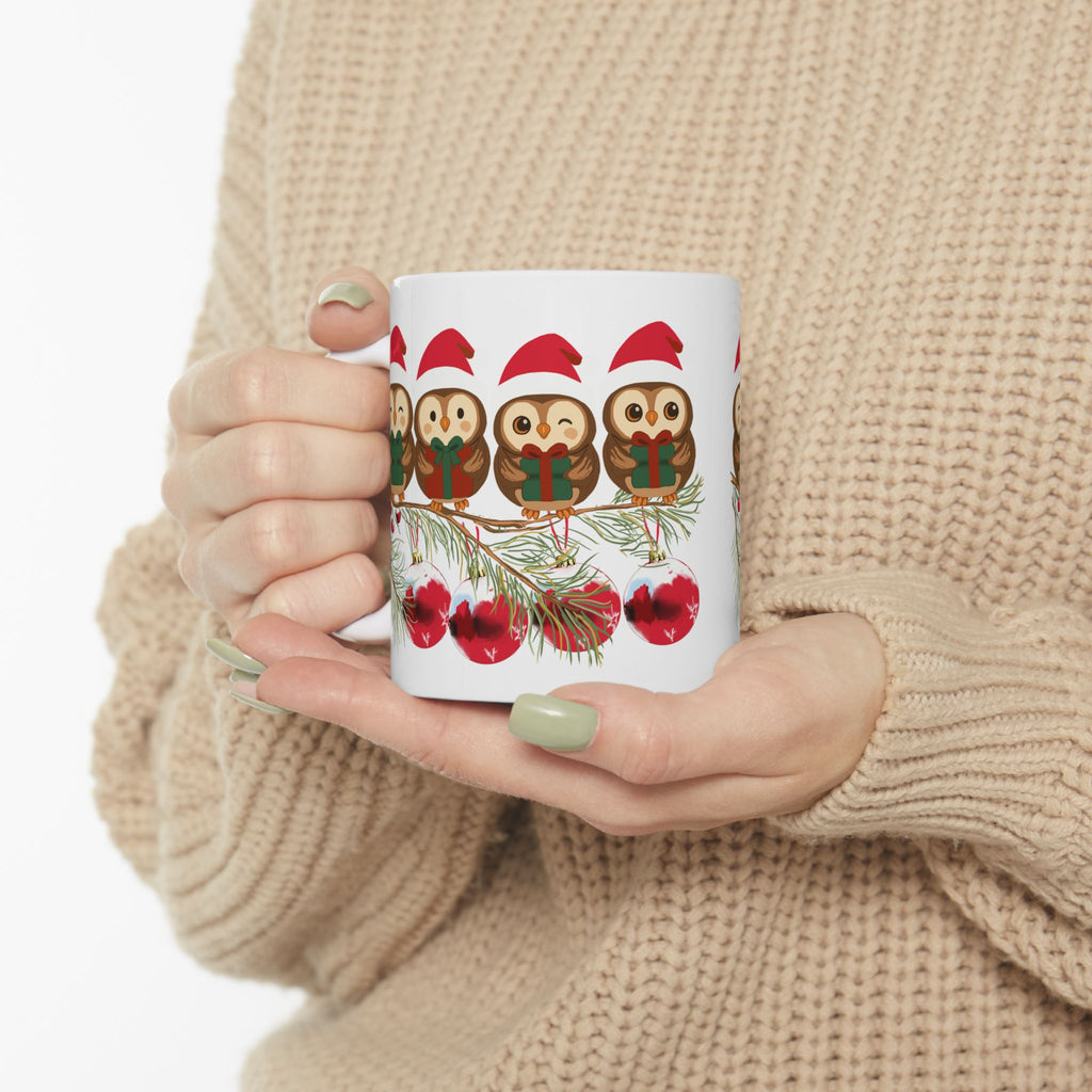 Christmas Owl Mug - Cute Santa Owls on Pine Branch Holiday Coffee Cup (11oz)