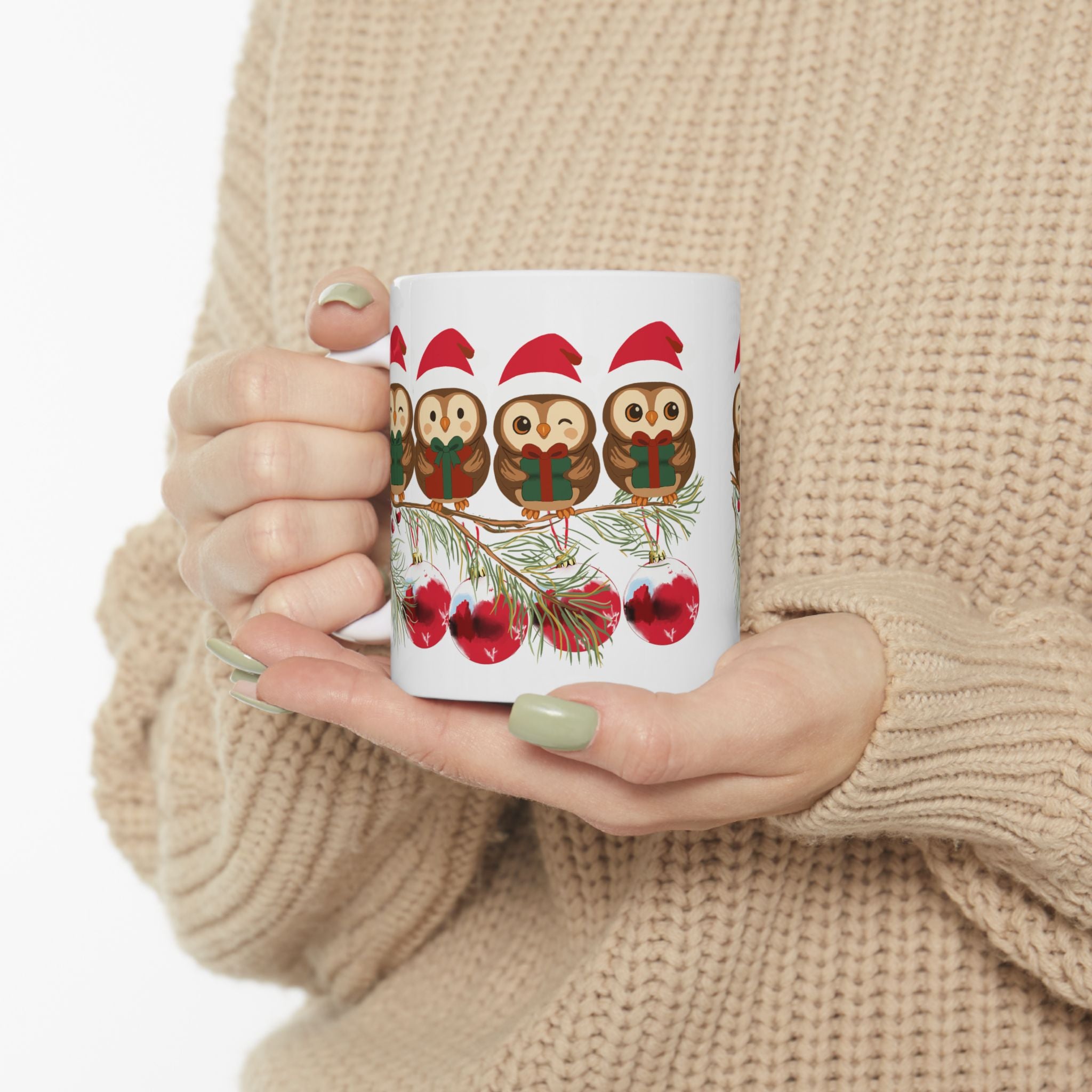 Christmas Owl Mug - Cute Santa Owls on Pine Branch Holiday Coffee Cup (11oz)