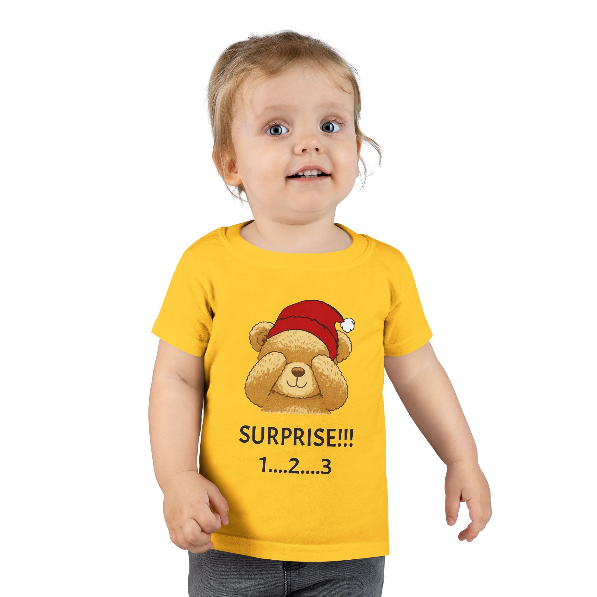 Toddler T-Shirt - Cute Surprise Bear with Santa Hat "SURPRISE!!! 1...2...3" Christmas Holiday Tee