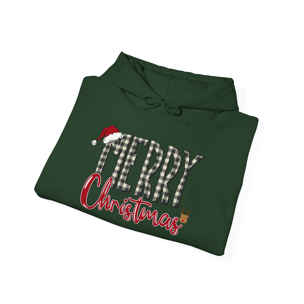 Christmas Hoodie — "Merry Christmas" Buffalo Plaid Santa Hat Holiday Sweatshirt