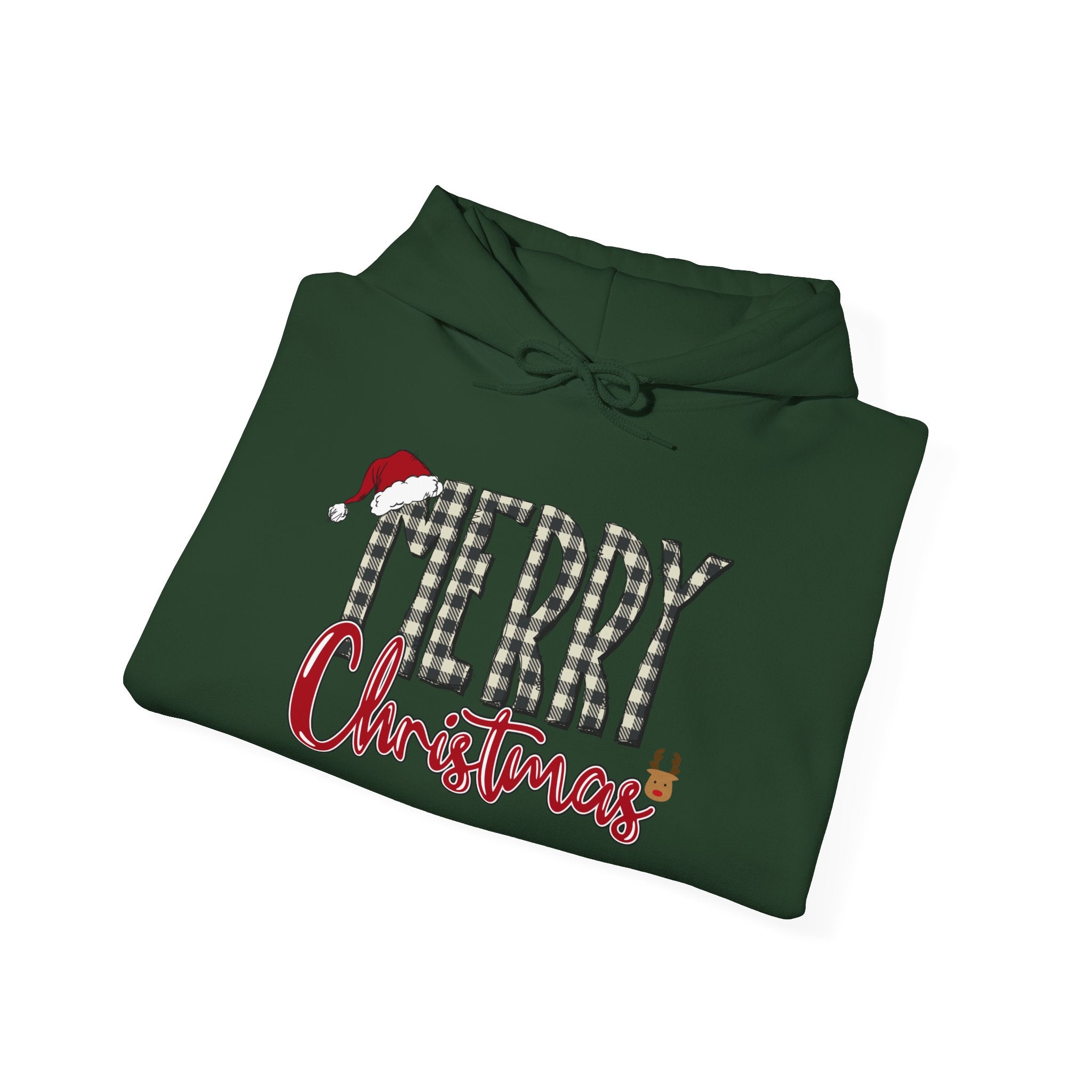 Christmas Hoodie — "Merry Christmas" Buffalo Plaid Santa Hat Holiday Sweatshirt