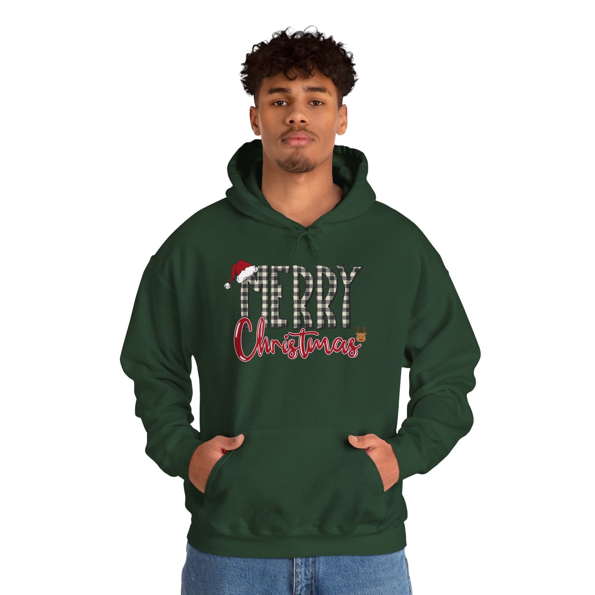 Christmas Hoodie — "Merry Christmas" Buffalo Plaid Santa Hat Holiday Sweatshirt
