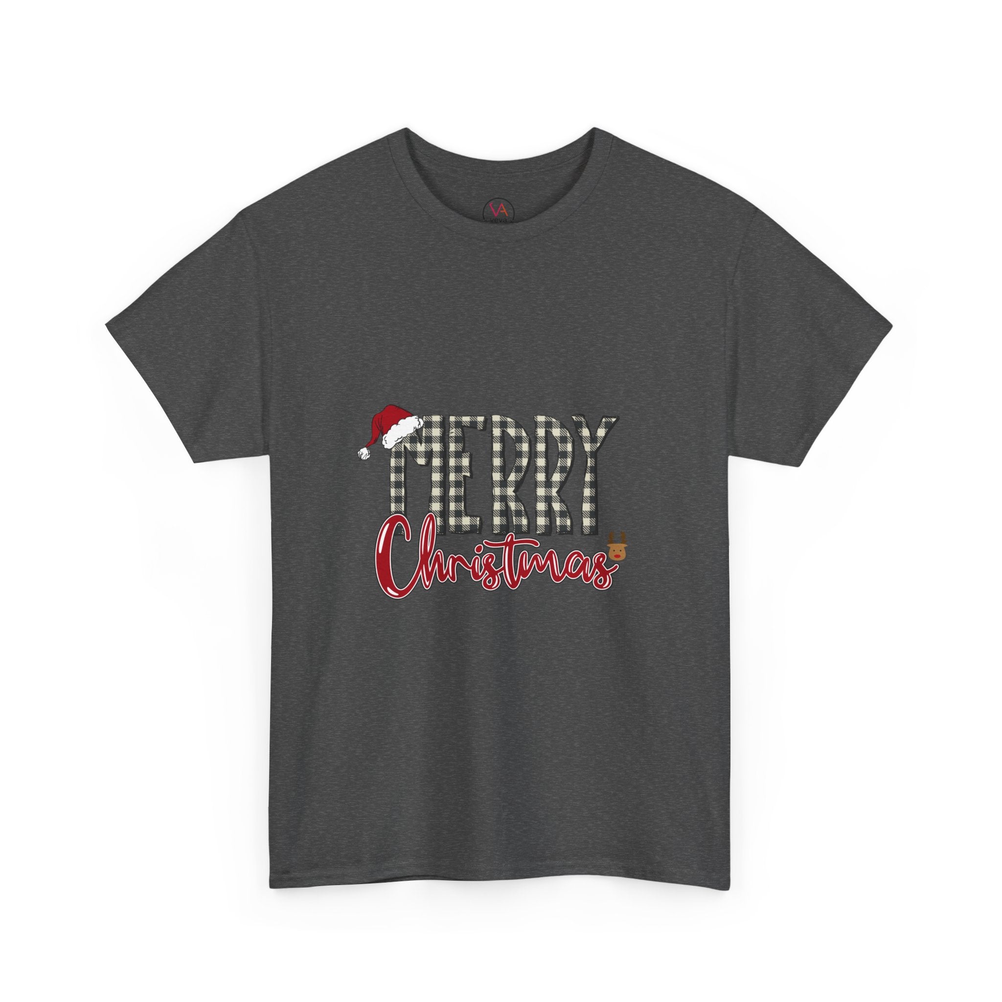 Merry Christmas Plaid Tee — Festive Santa Hat Holiday T‑Shirt