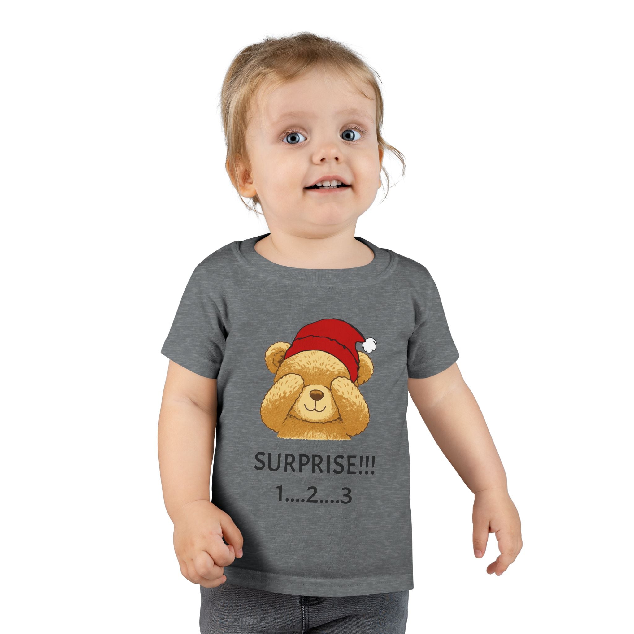 Toddler T-Shirt - Cute Surprise Bear with Santa Hat "SURPRISE!!! 1...2...3" Christmas Holiday Tee